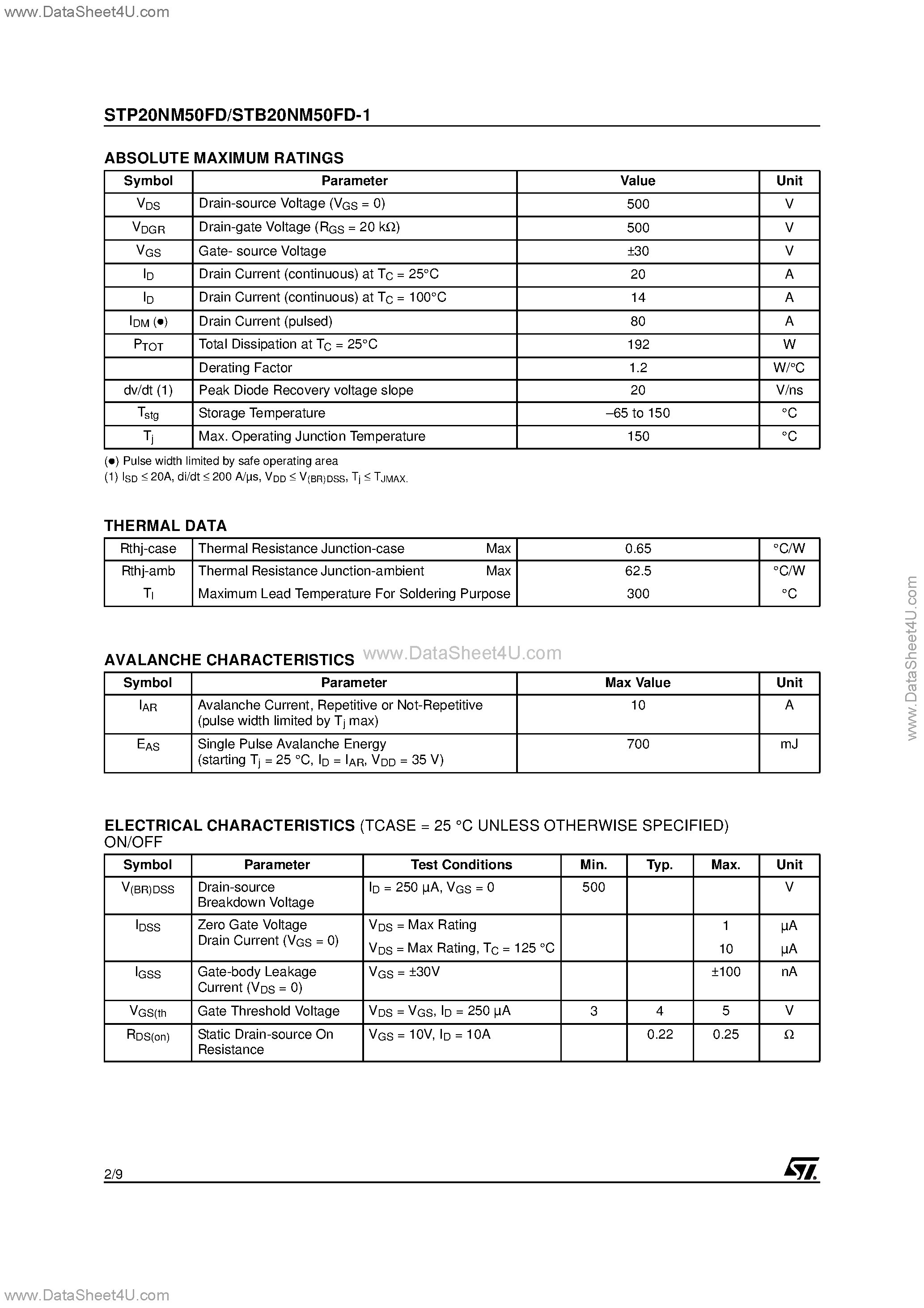 Datasheet STB20NM50FD-1 - N-CHANNEL POWER MOSFET page 2