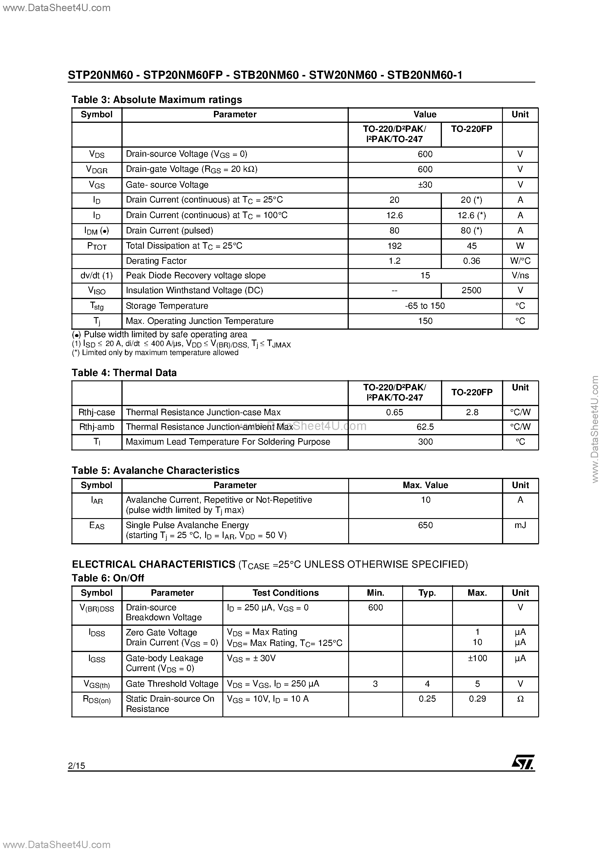Datasheet STB20NM60 - N-CHANNEL POWER MOSFET page 2