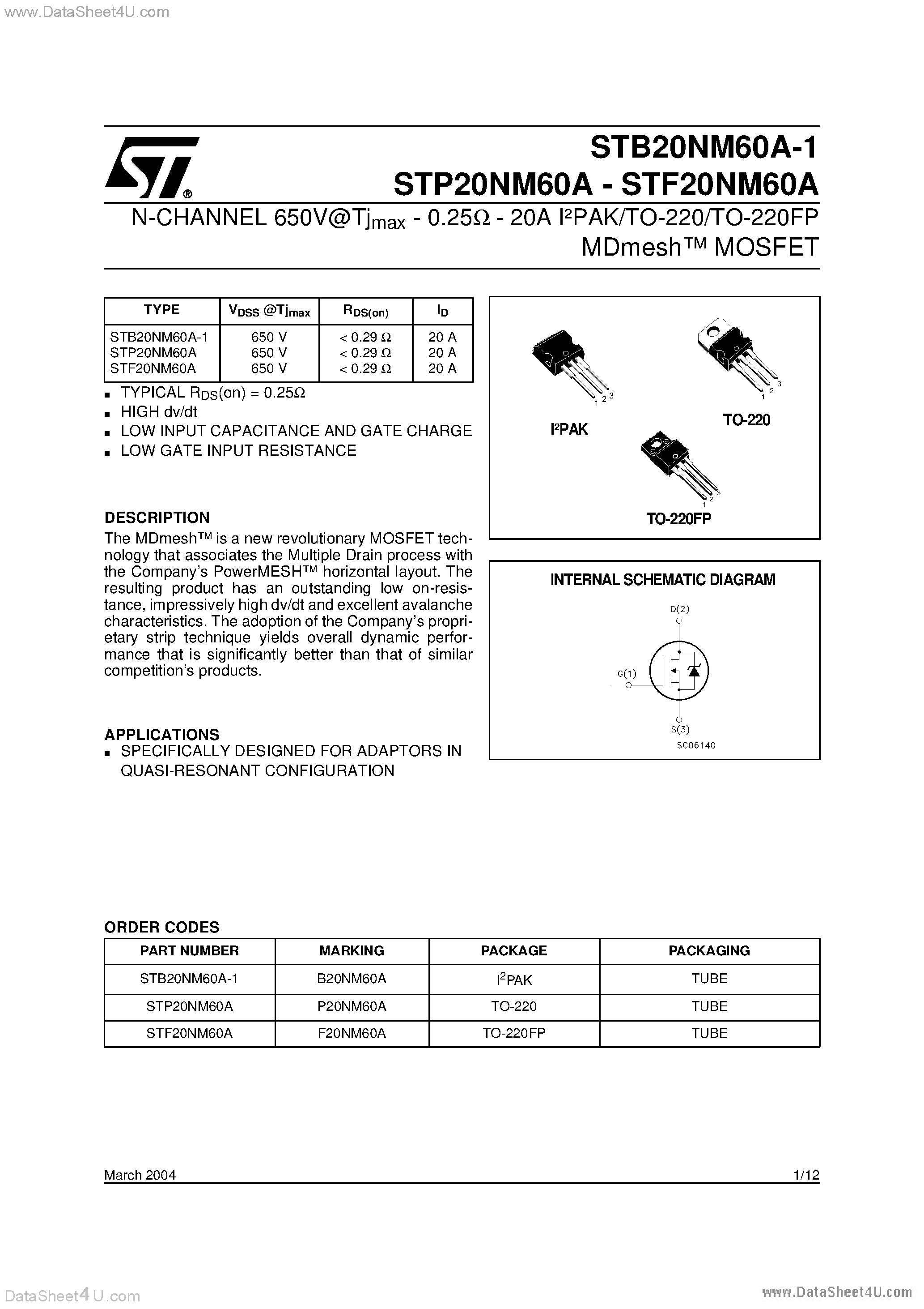 Datasheet STB20NM60A-1 - N-CHANNEL POWER MOSFET page 1