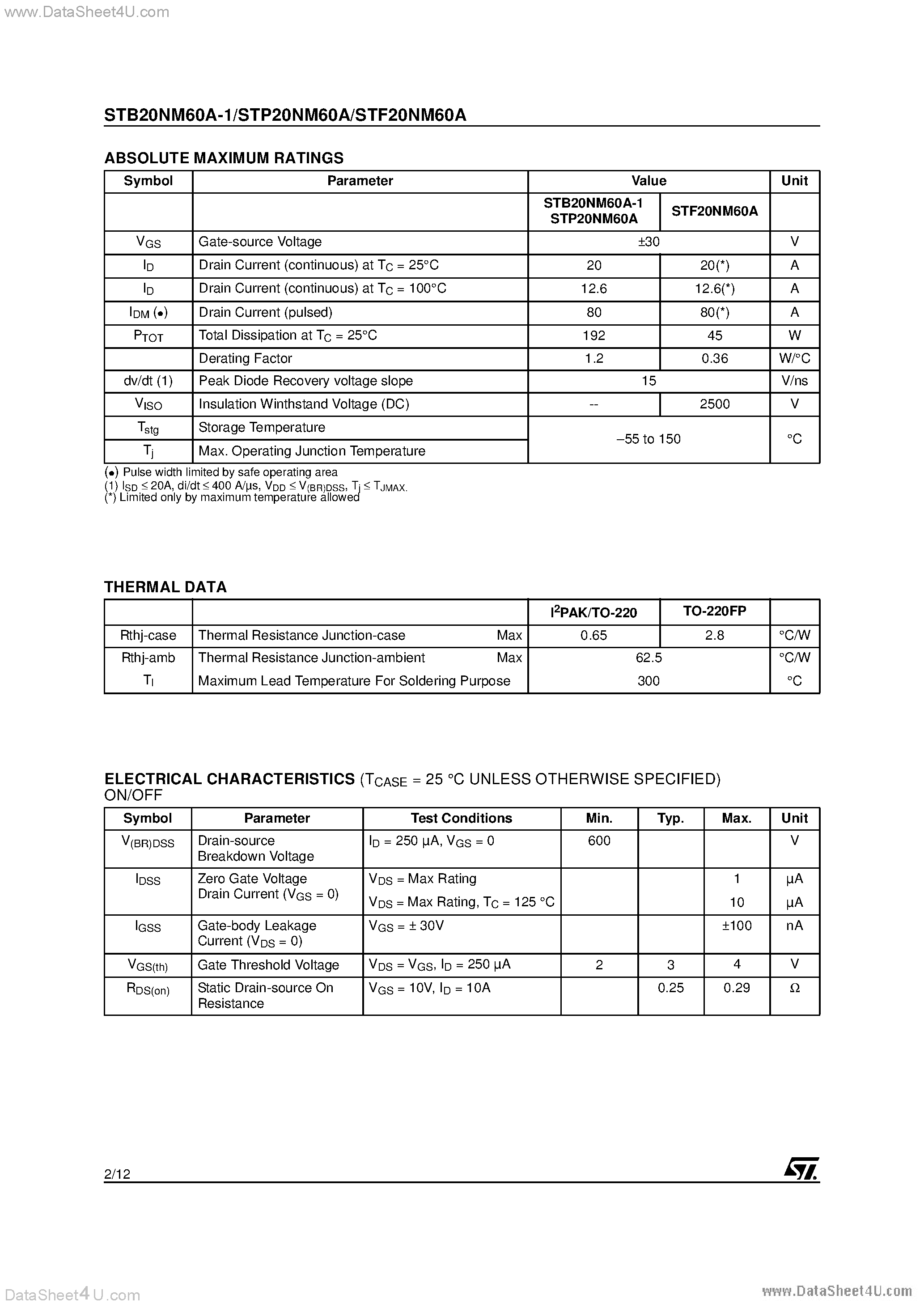 Datasheet STB20NM60A-1 - N-CHANNEL POWER MOSFET page 2