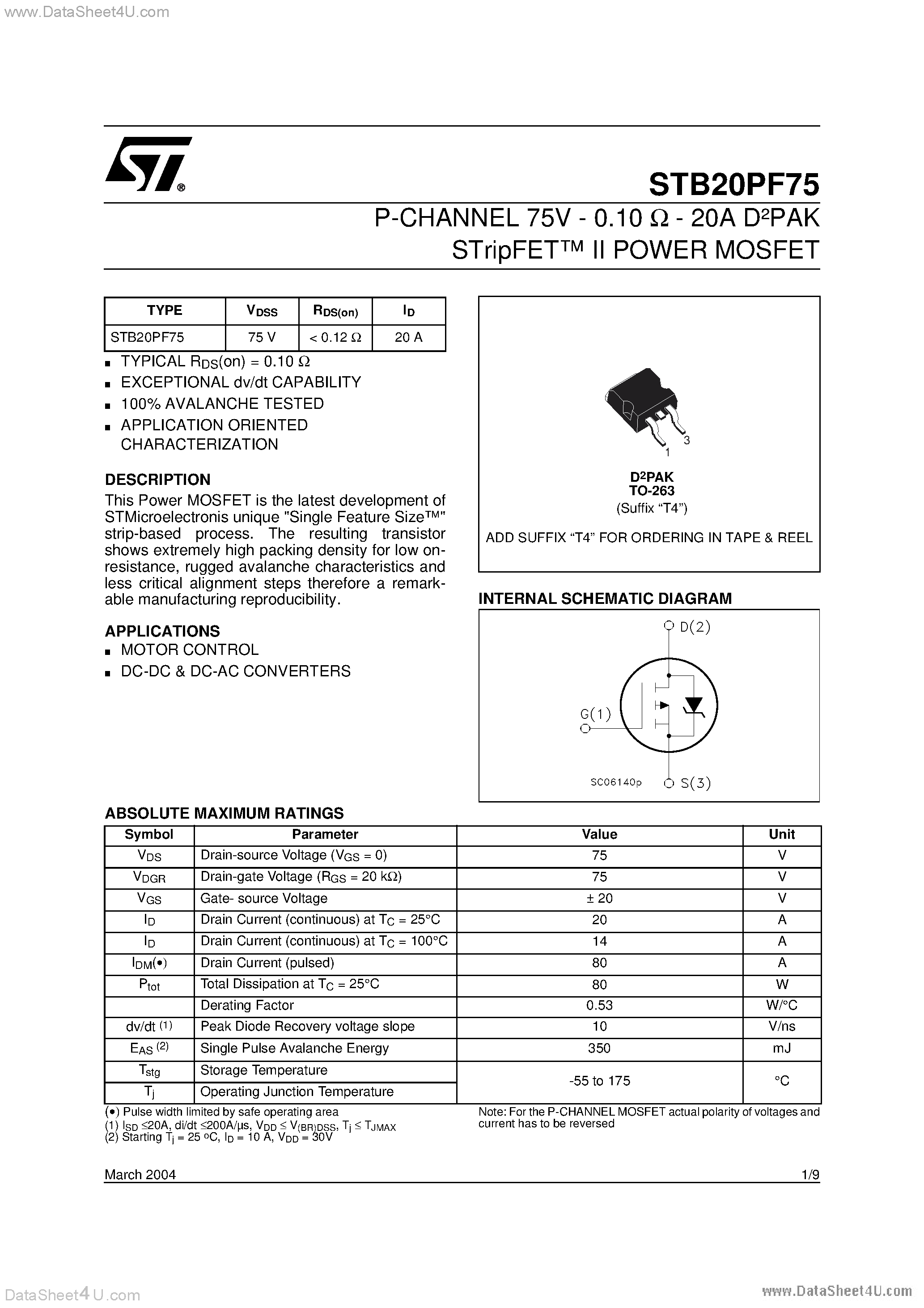 Datasheet STB20PF75 - N-CHANNEL POWER MOSFET page 1