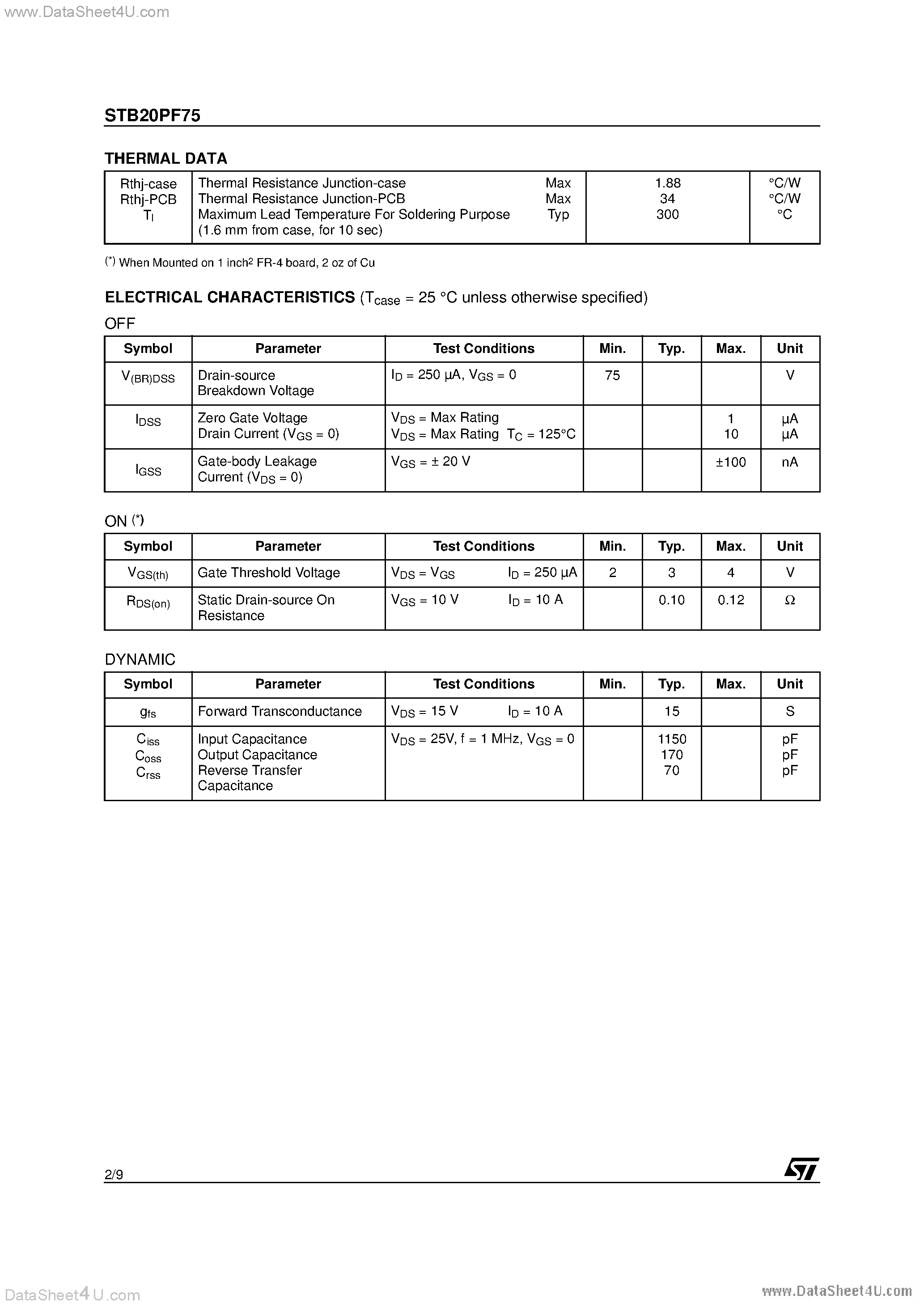 Datasheet STB20PF75 - N-CHANNEL POWER MOSFET page 2