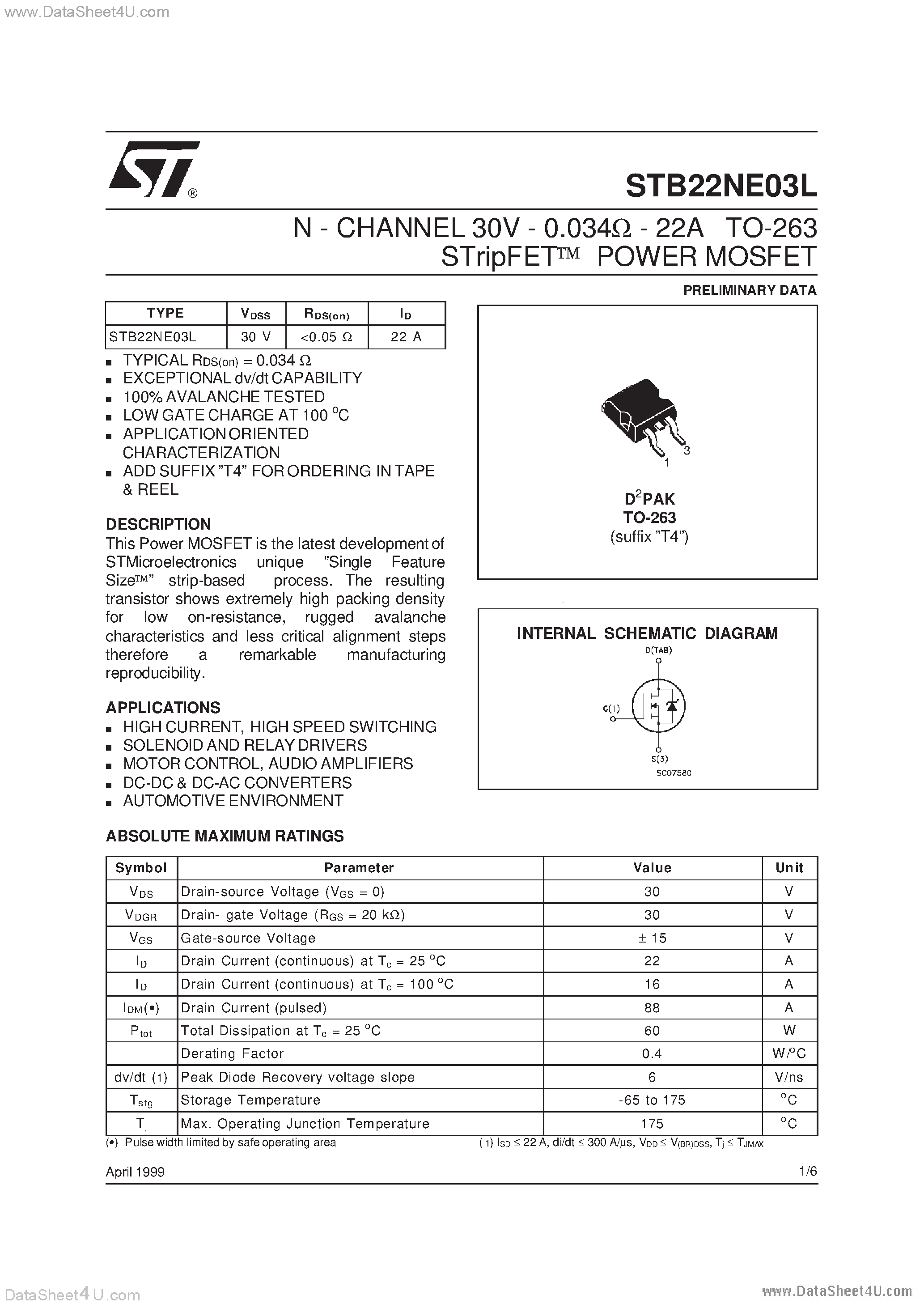 Datasheet STB22NE03L - N-CHANNEL POWER MOSFET page 1