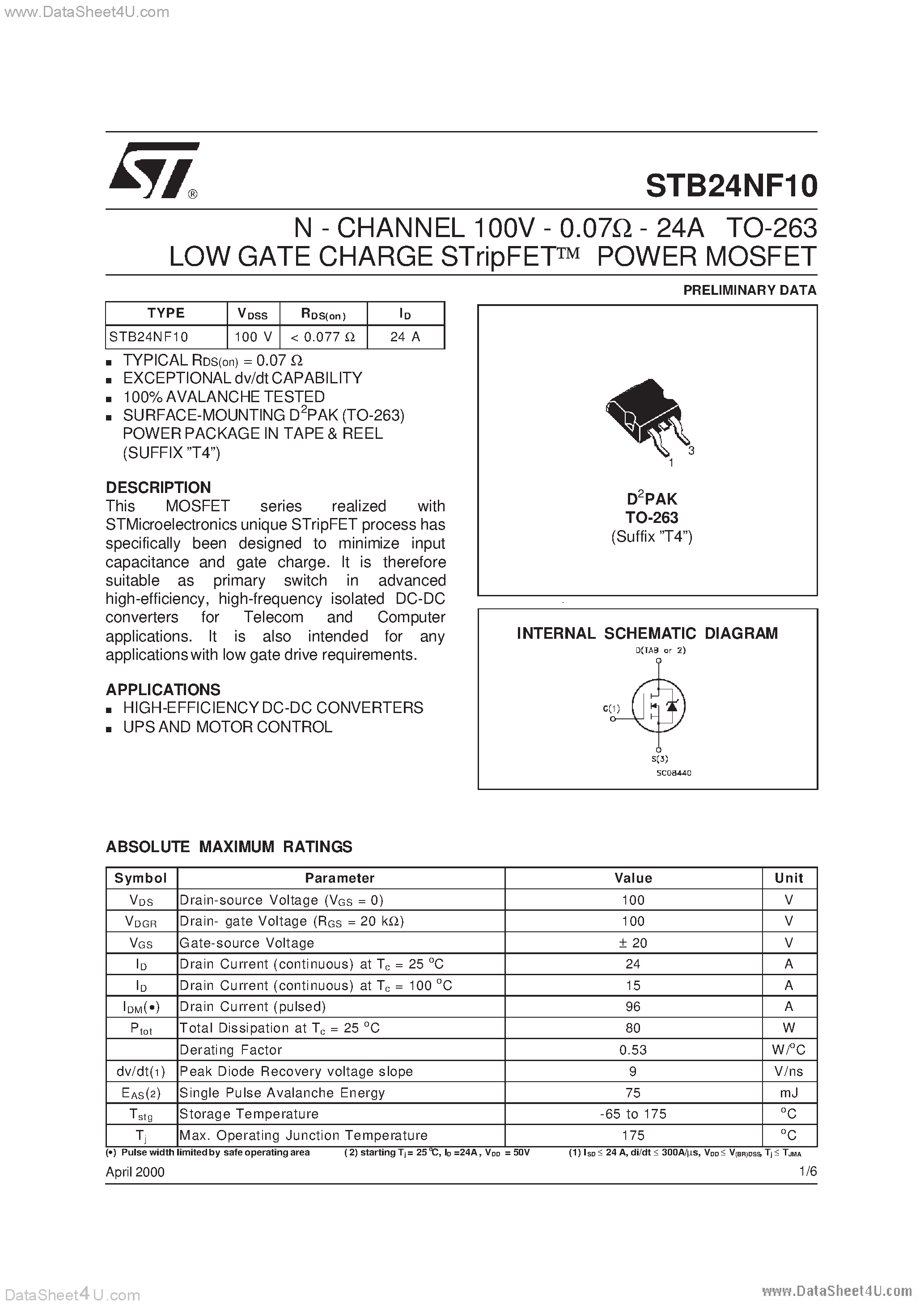 Datasheet STB24NF10 - N-CHANNEL POWER MOSFET page 1