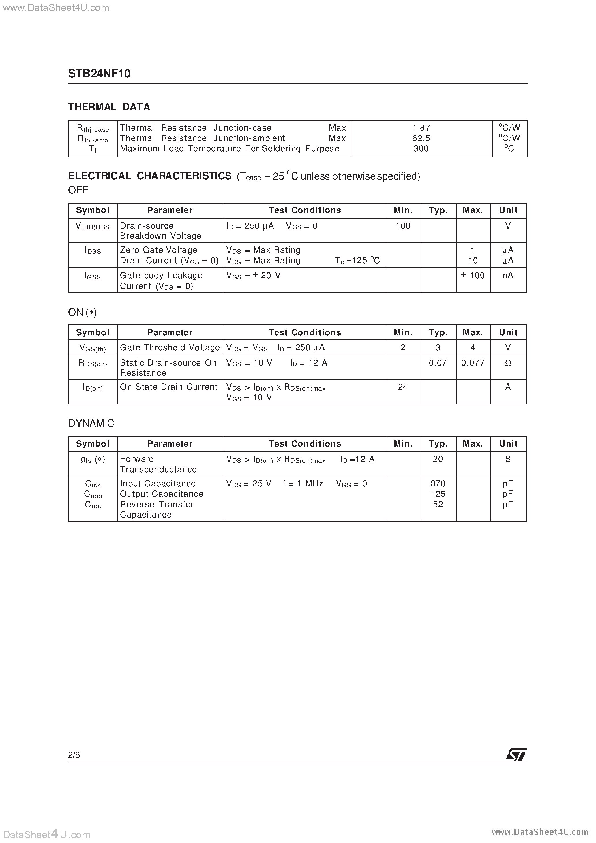 Datasheet STB24NF10 - N-CHANNEL POWER MOSFET page 2