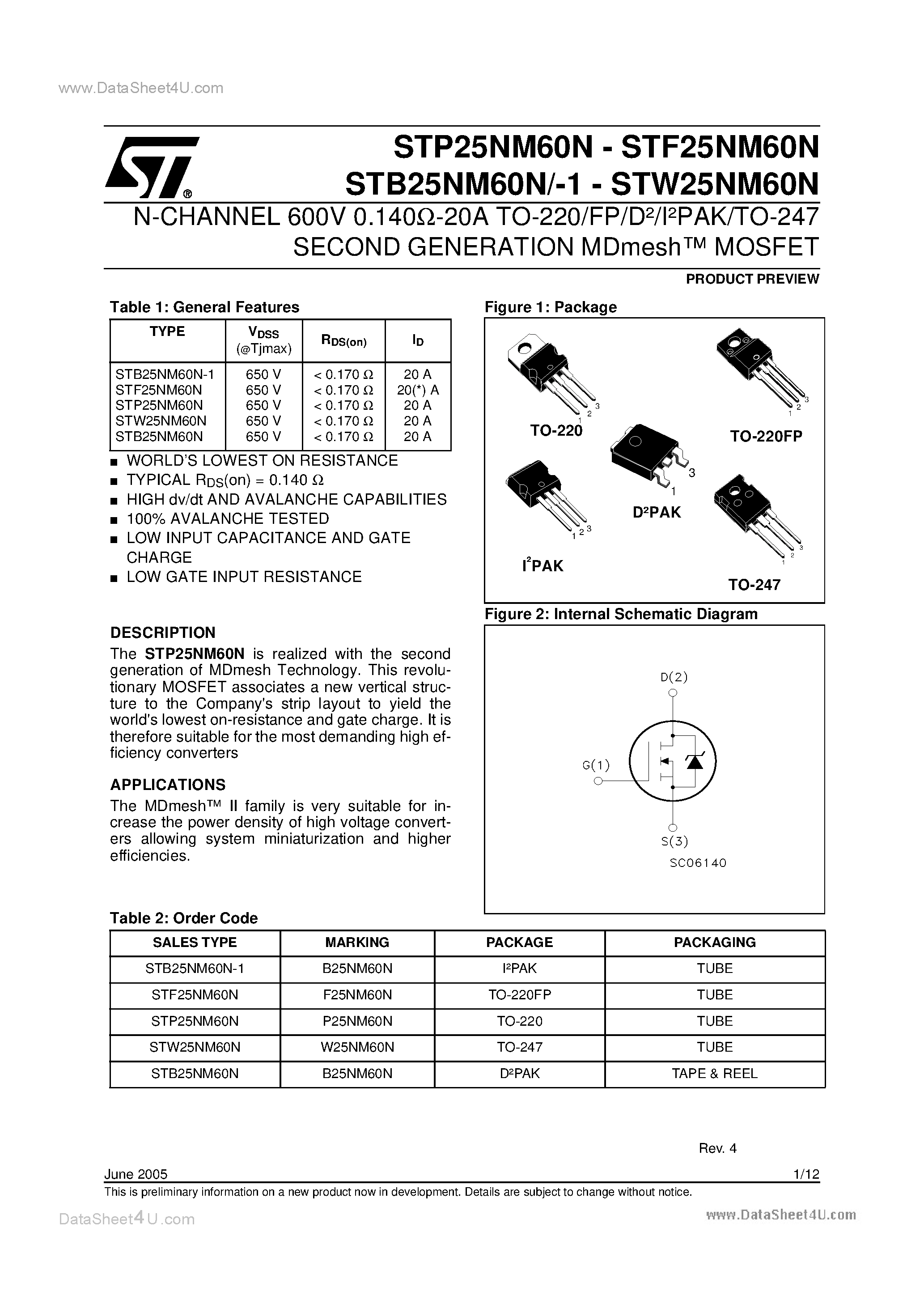 Datasheet STB25NM60N - N-CHANNEL POWER MOSFET page 1