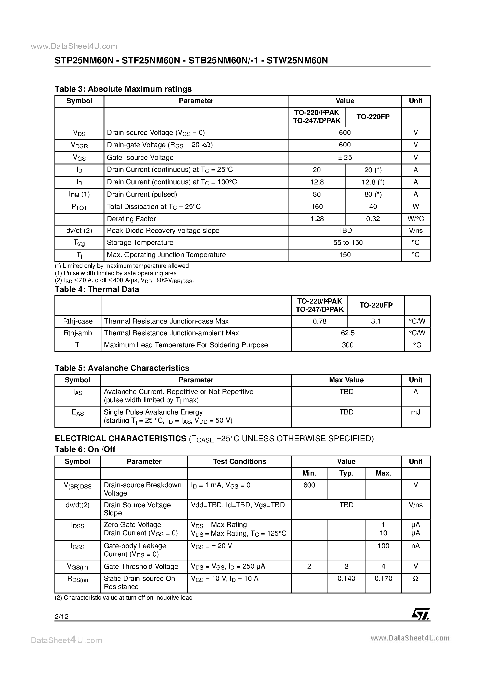 Datasheet STB25NM60N - N-CHANNEL POWER MOSFET page 2