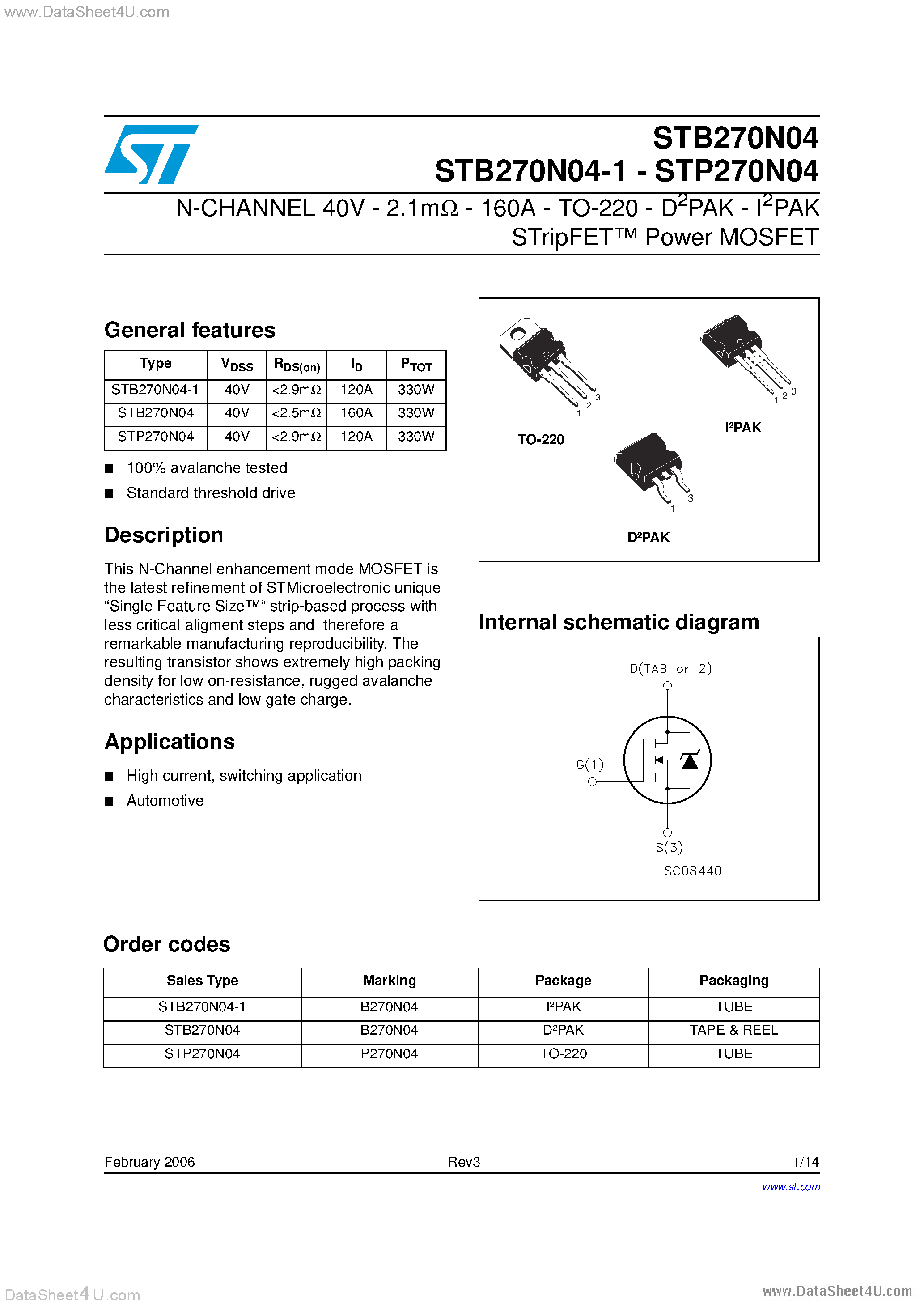 Datasheet STB270N04 - N-CHANNEL POWER MOSFET page 1