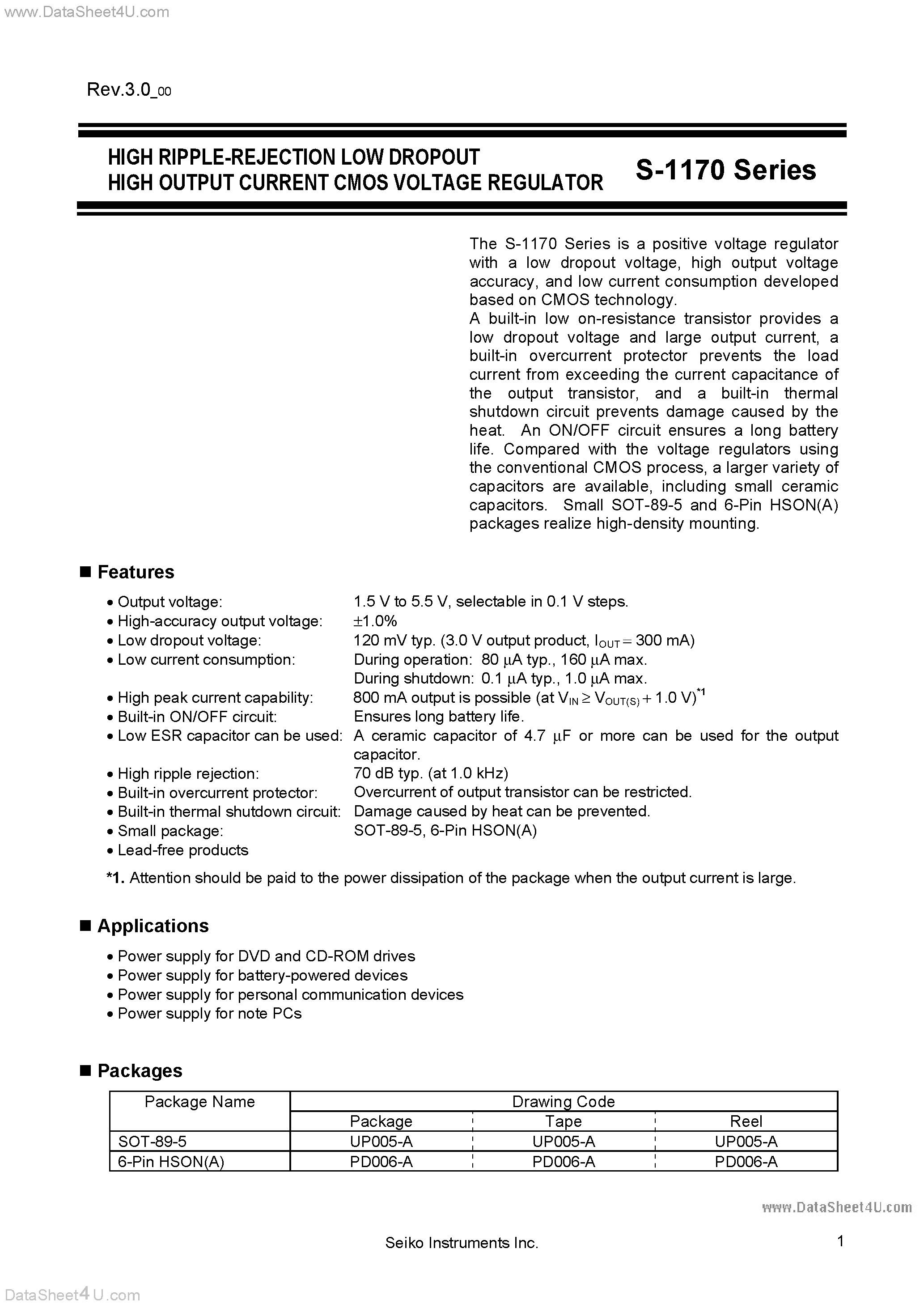 Даташит S-1170 - Voltage Regulator страница 1