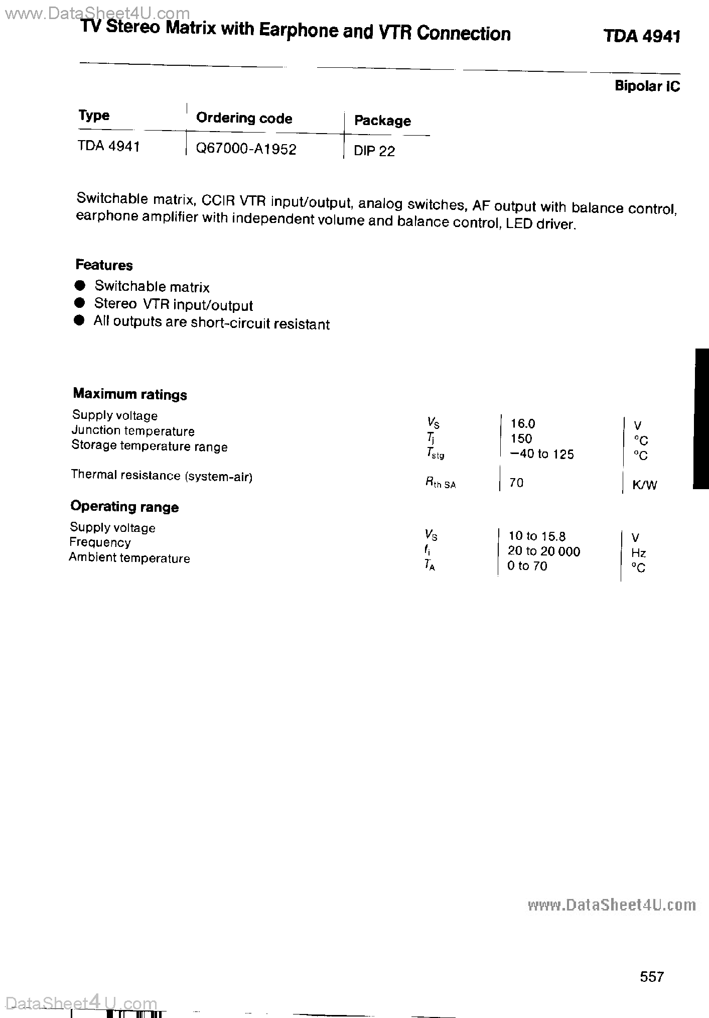 Даташит на микросхему TDA4941 страница 1 Даташит TDA4941 - TV Stereo Matrix страница 1