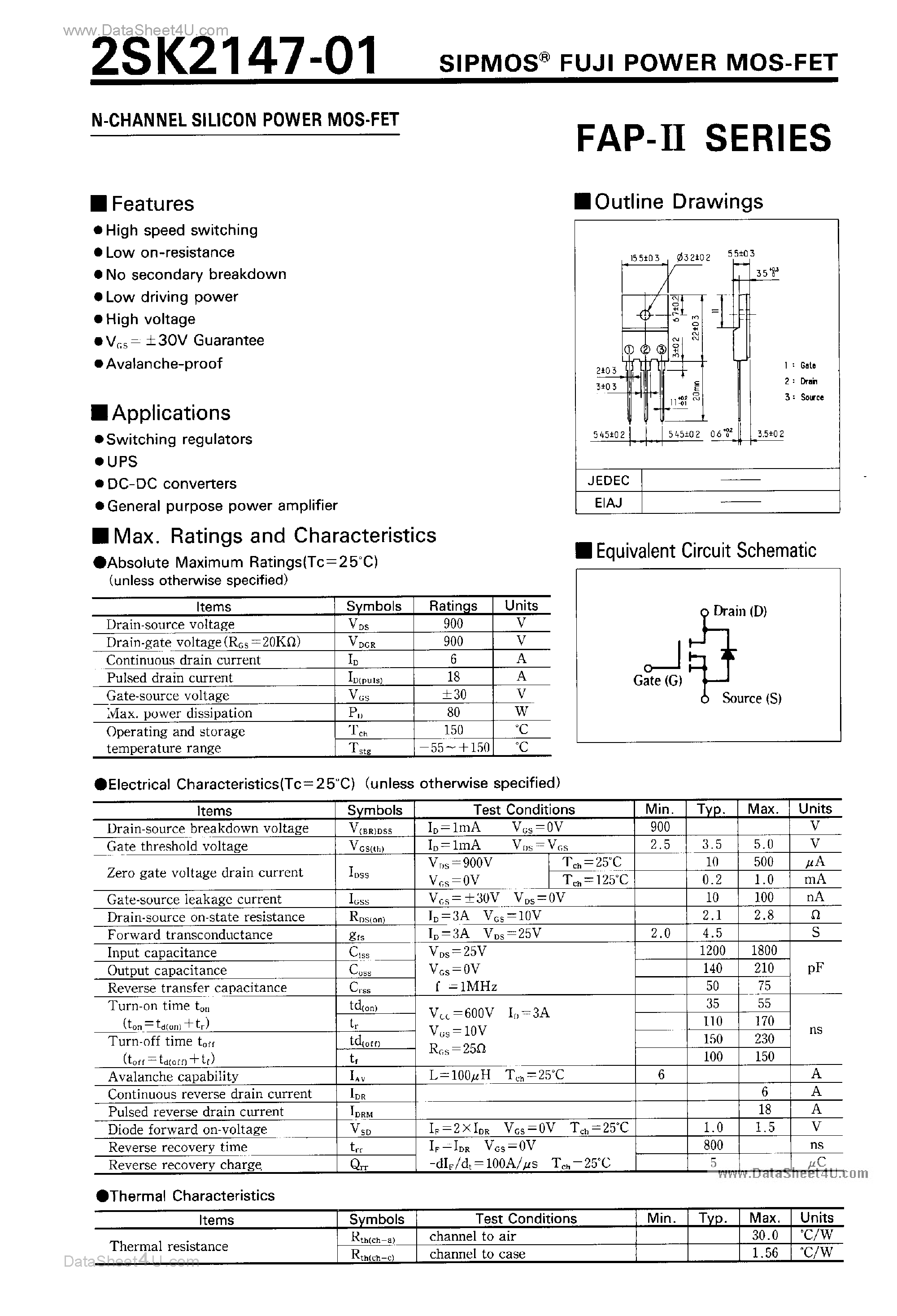 Даташит 2SK2147-01 - N-Channel Silicon Power MOSFET страница 1