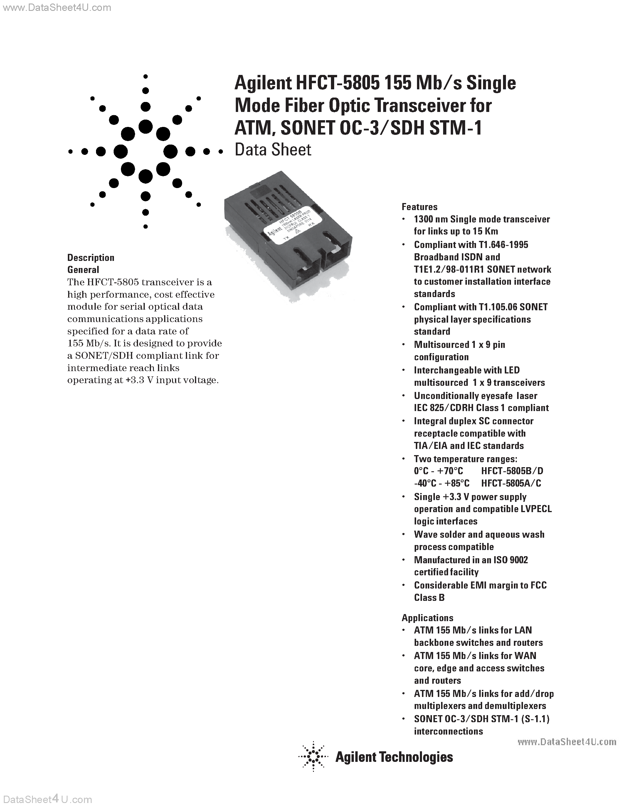 Datasheet HFCT-5805 page 1 Datasheet HFCT-5805 - 155 Mb/s Single Mode Fiber Optic Transceiver page 1