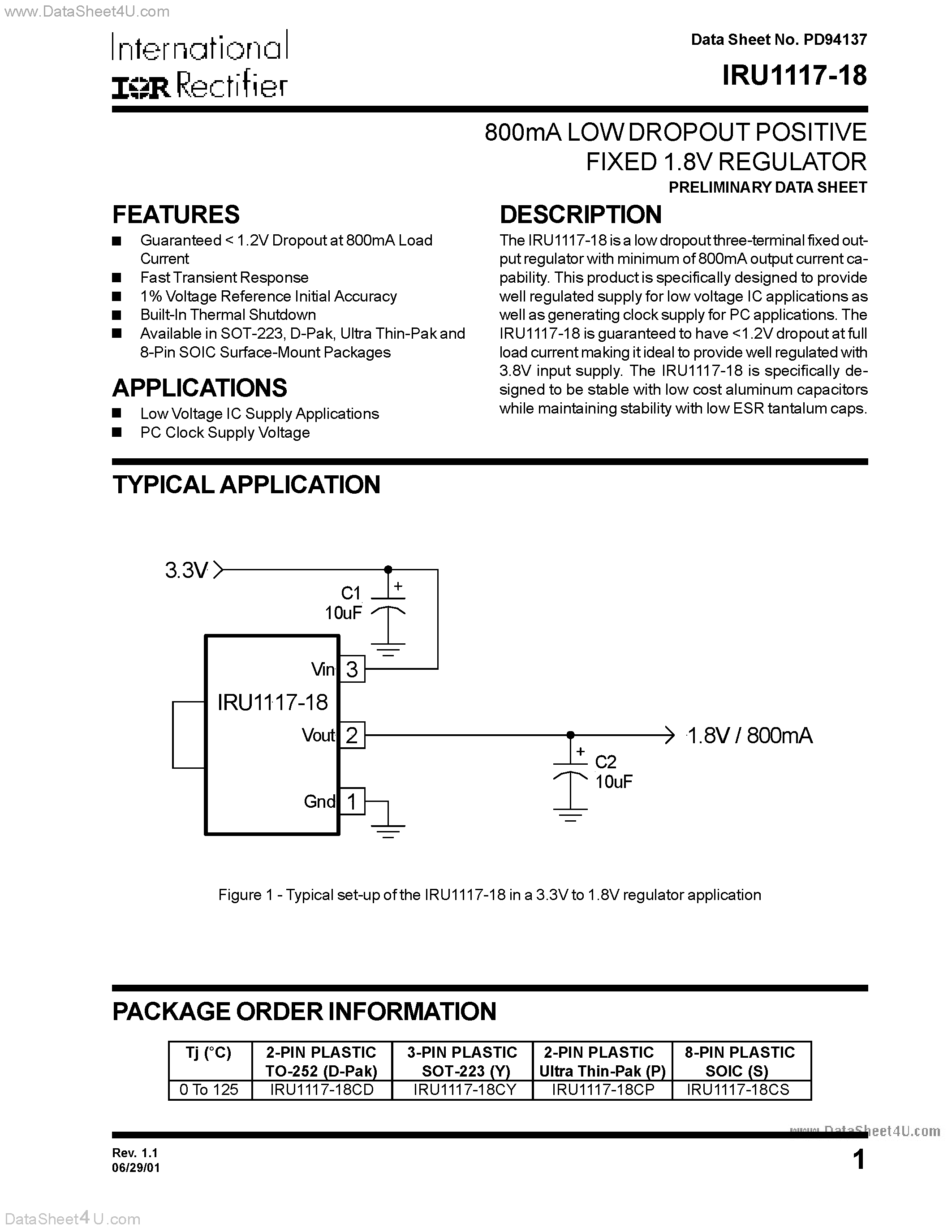 Даташит на микросхему IRU1117-18 страница 1 Даташит IRU1117-18 - 800mA LOW DROPOUT POSITIVE FIXED 1.8V REGULATOR страница 1