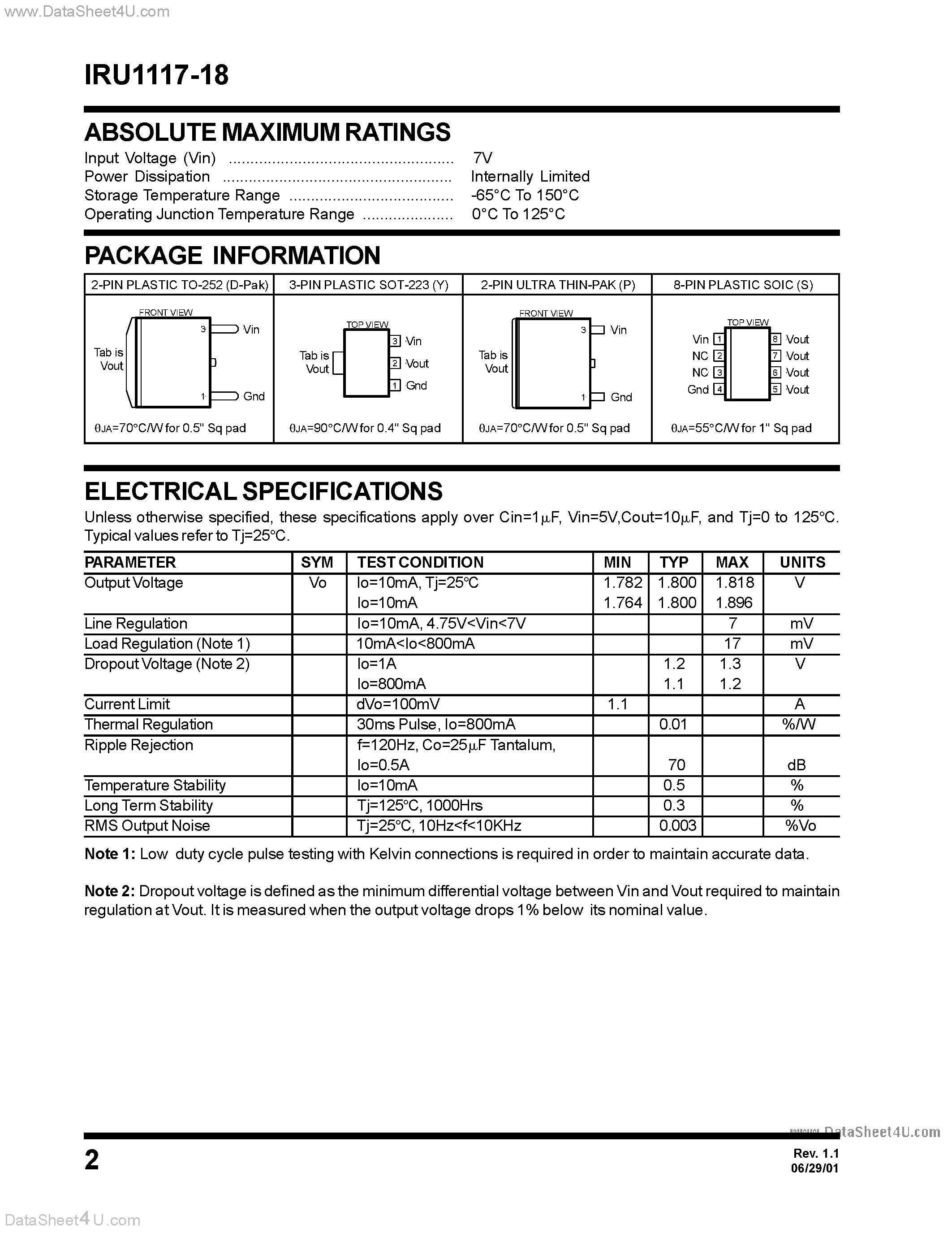 Даташит на микросхему IRU1117-18 страница 2 Даташит IRU1117-18 - 800mA LOW DROPOUT POSITIVE FIXED 1.8V REGULATOR страница 2