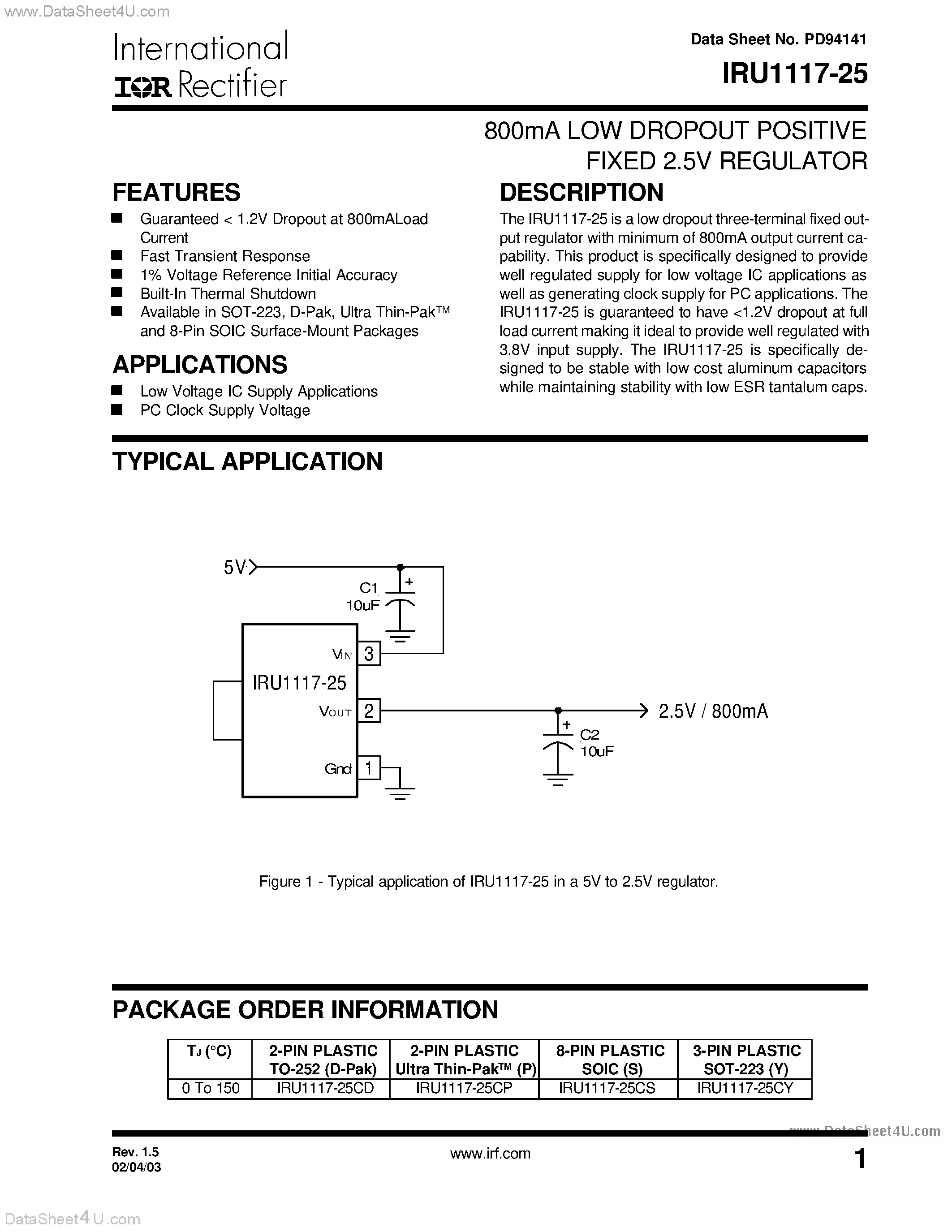 Datasheet IRU1117-25 page 1 Datasheet IRU1117-25 - 800mA LOW DROPOUT POSITIVE FIXED 2.5V REGULATOR page 1