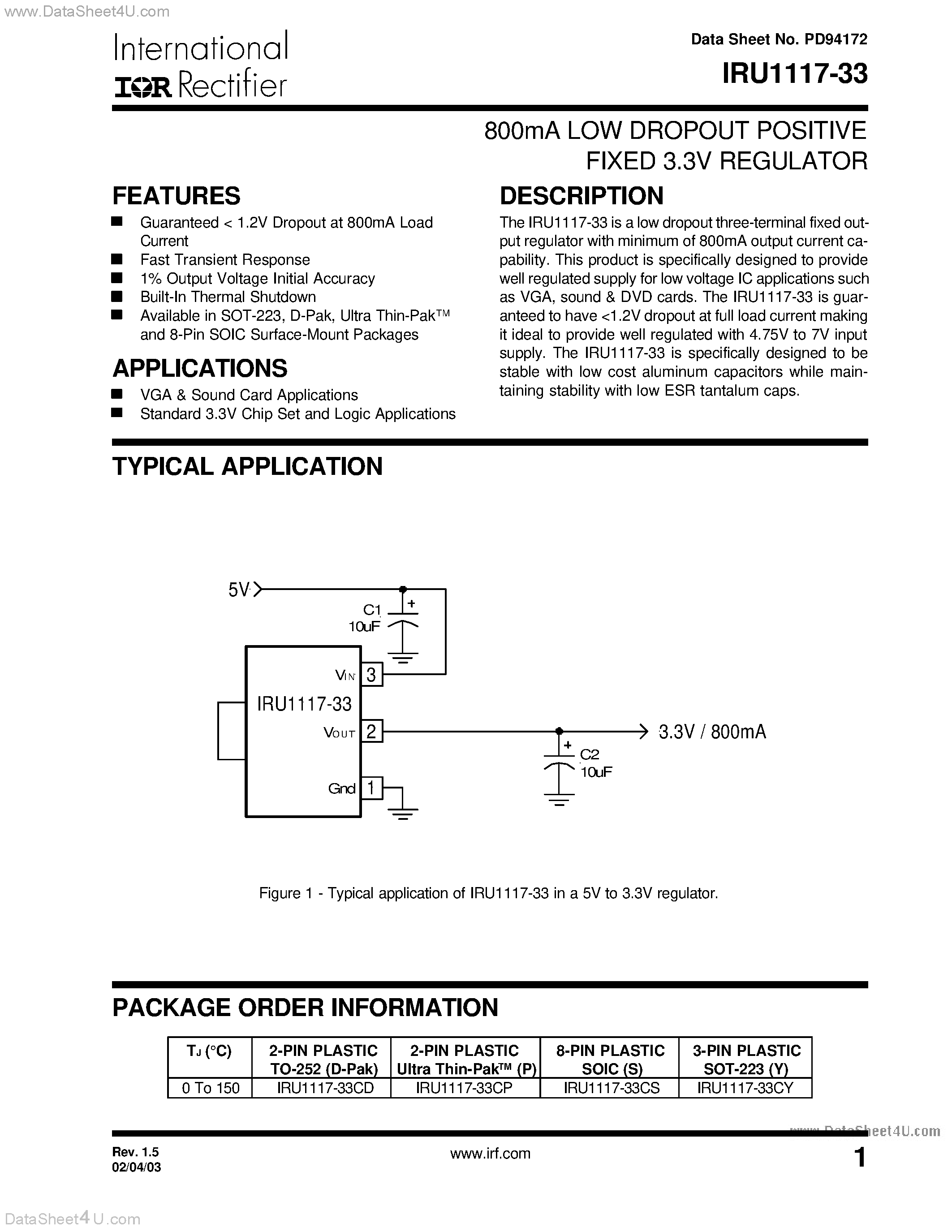 Datasheet IRU1117-33 - 800mA LOW DROPOUT POSITIVE FIXED 3.3V REGULATOR page 1