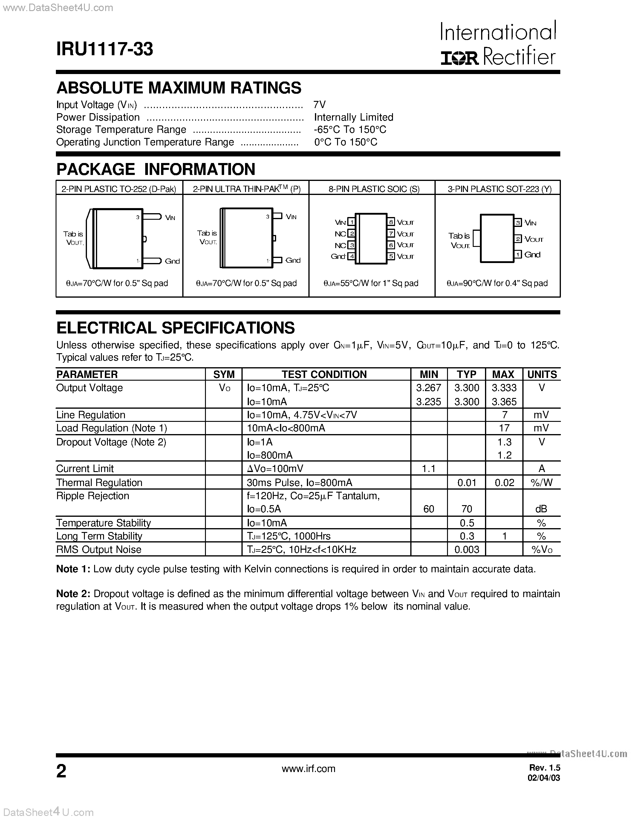 Datasheet IRU1117-33 - 800mA LOW DROPOUT POSITIVE FIXED 3.3V REGULATOR page 2