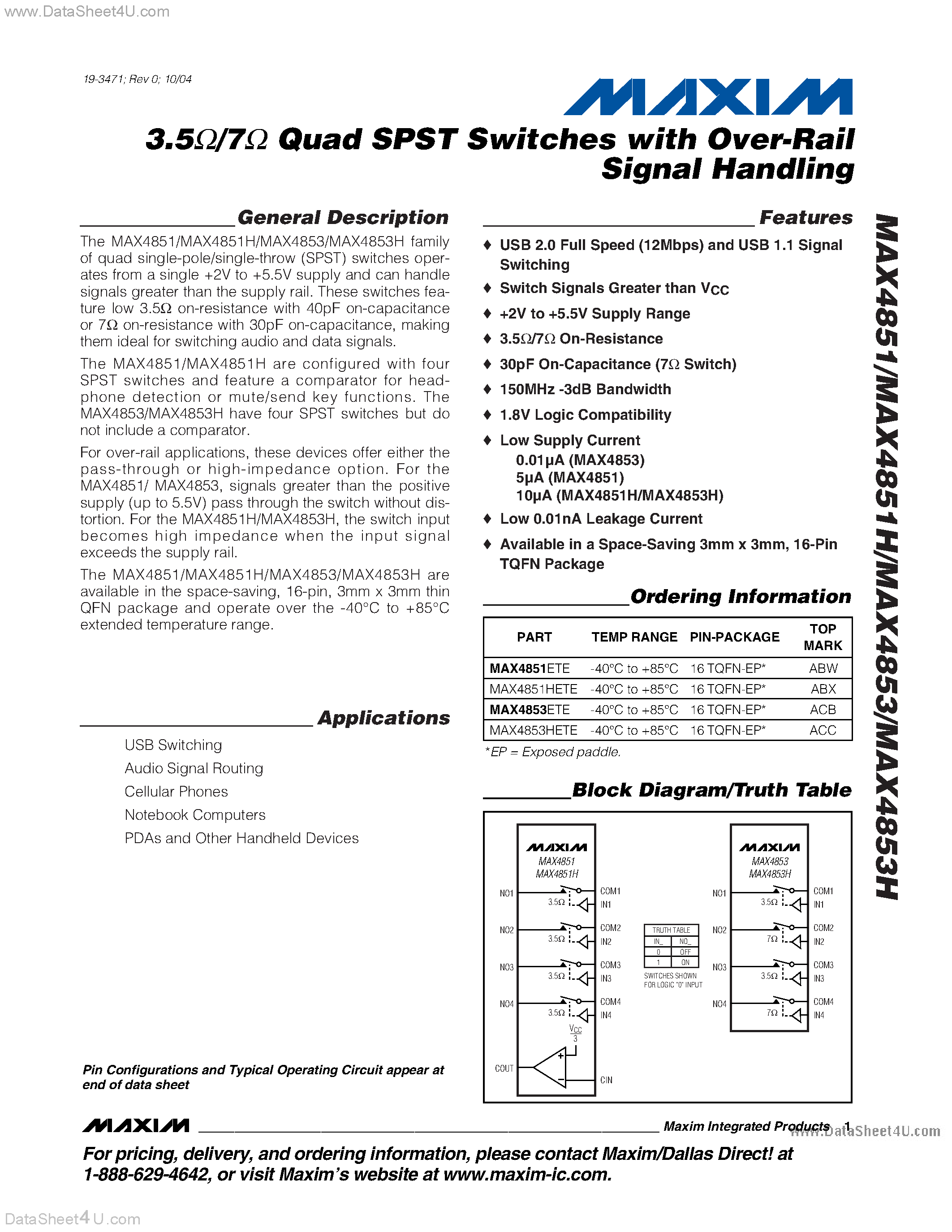 Даташит на микросхему MAX4851 страница 1 Даташит MAX4851 - (MAX4851 / MAX4853) Quad SPST Switches страница 1