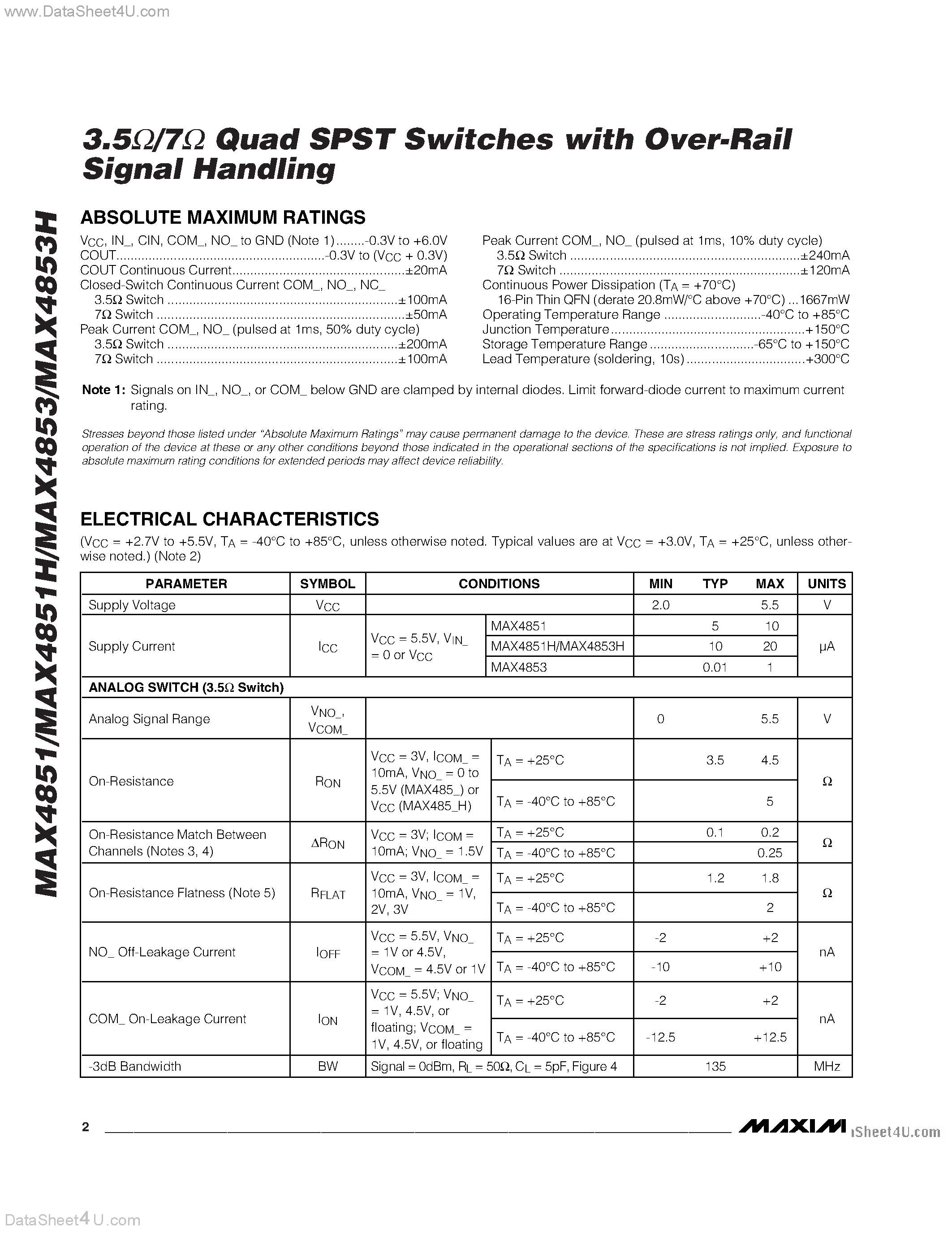 Даташит на микросхему MAX4851 страница 2 Даташит MAX4851 - (MAX4851 / MAX4853) Quad SPST Switches страница 2