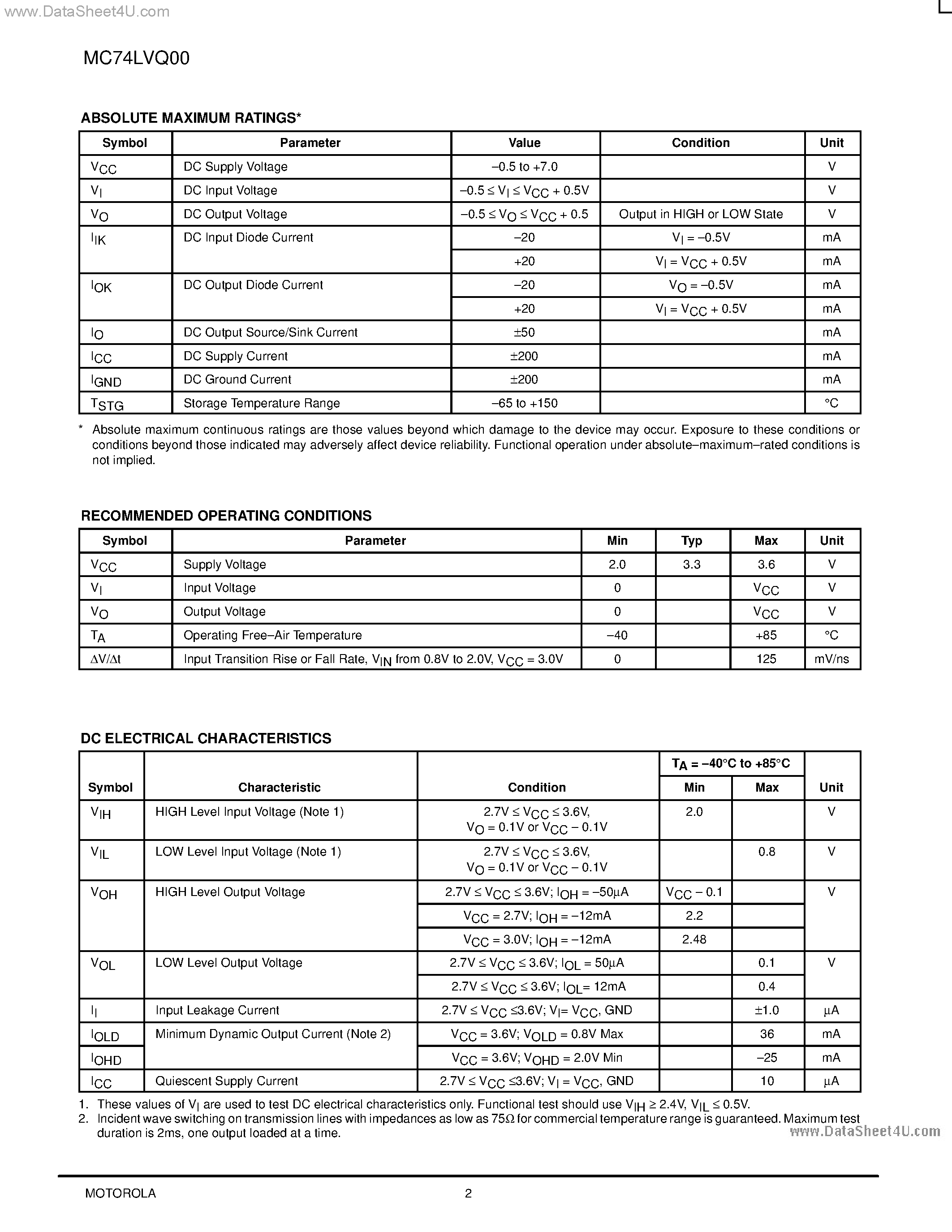 Даташит MC74LVQ00 - LOW-VOLTAGE CMOS QUAD 2-INPUT NAND GATE страница 2