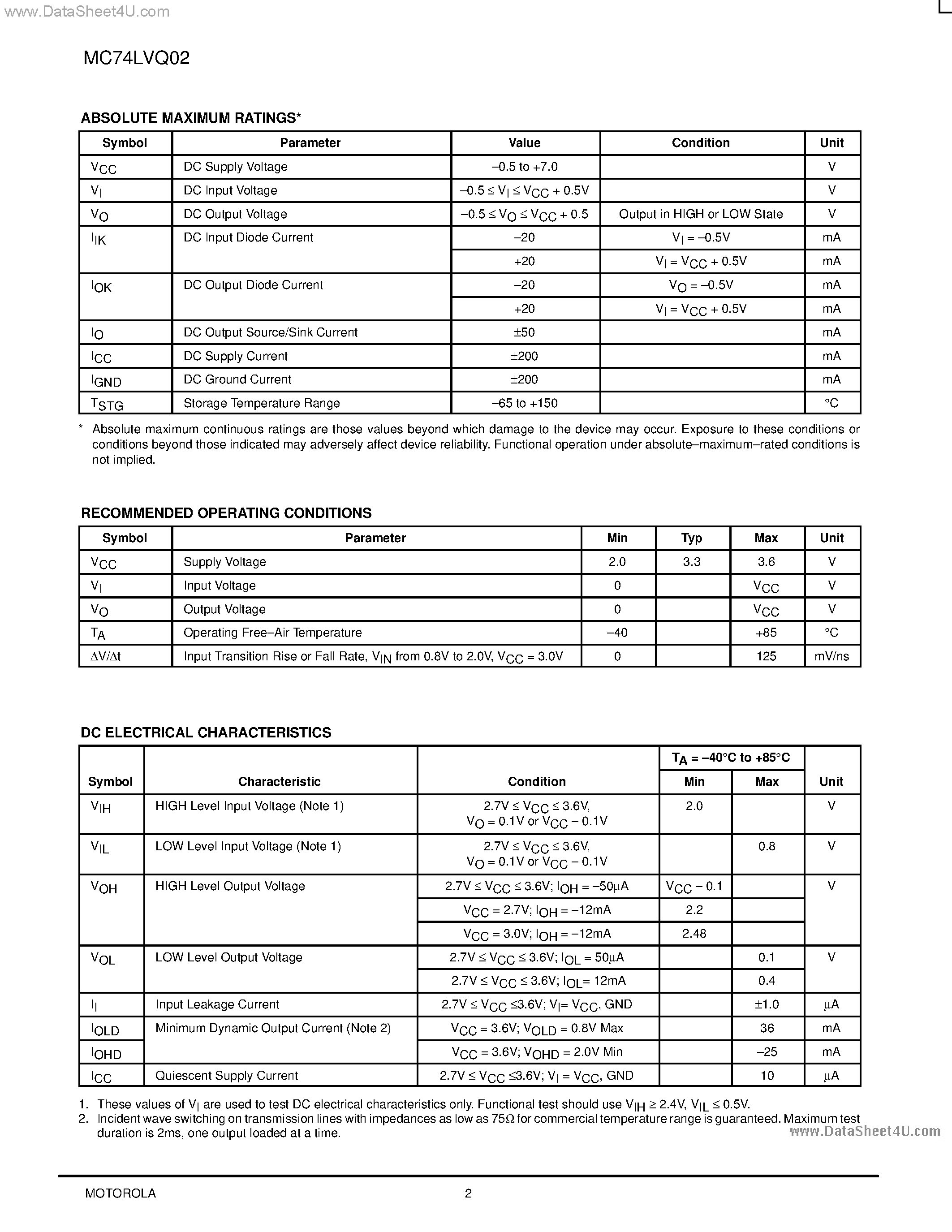 Даташит MC74LVQ02 - LOW-VOLTAGE CMOS QUAD 2-INPUT NOR GATE страница 2