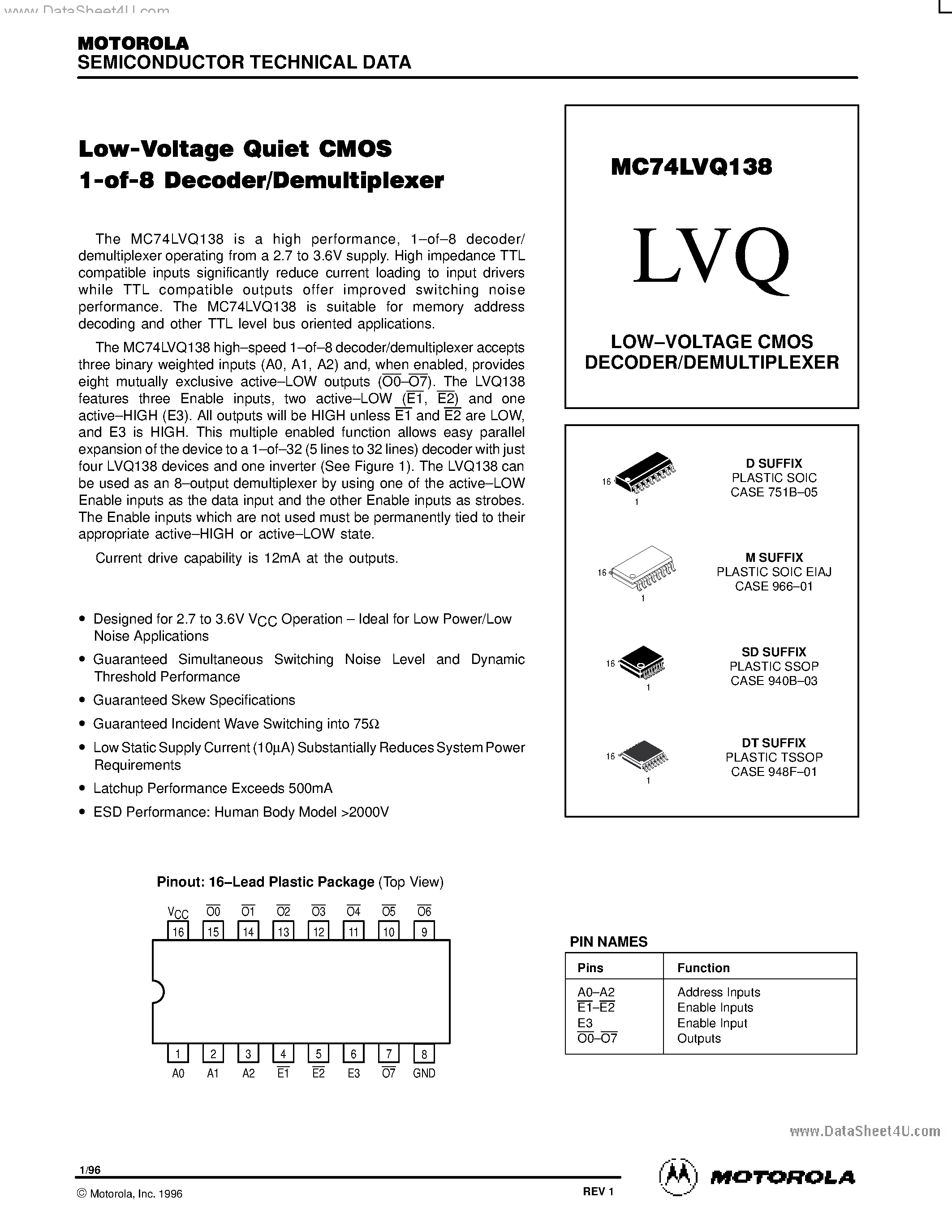 Даташит на микросхему MC74LVQ138 страница 1 Даташит MC74LVQ138 - LOW-VOLTAGE CMOS DECODER/DEMULTIPLEXER страница 1