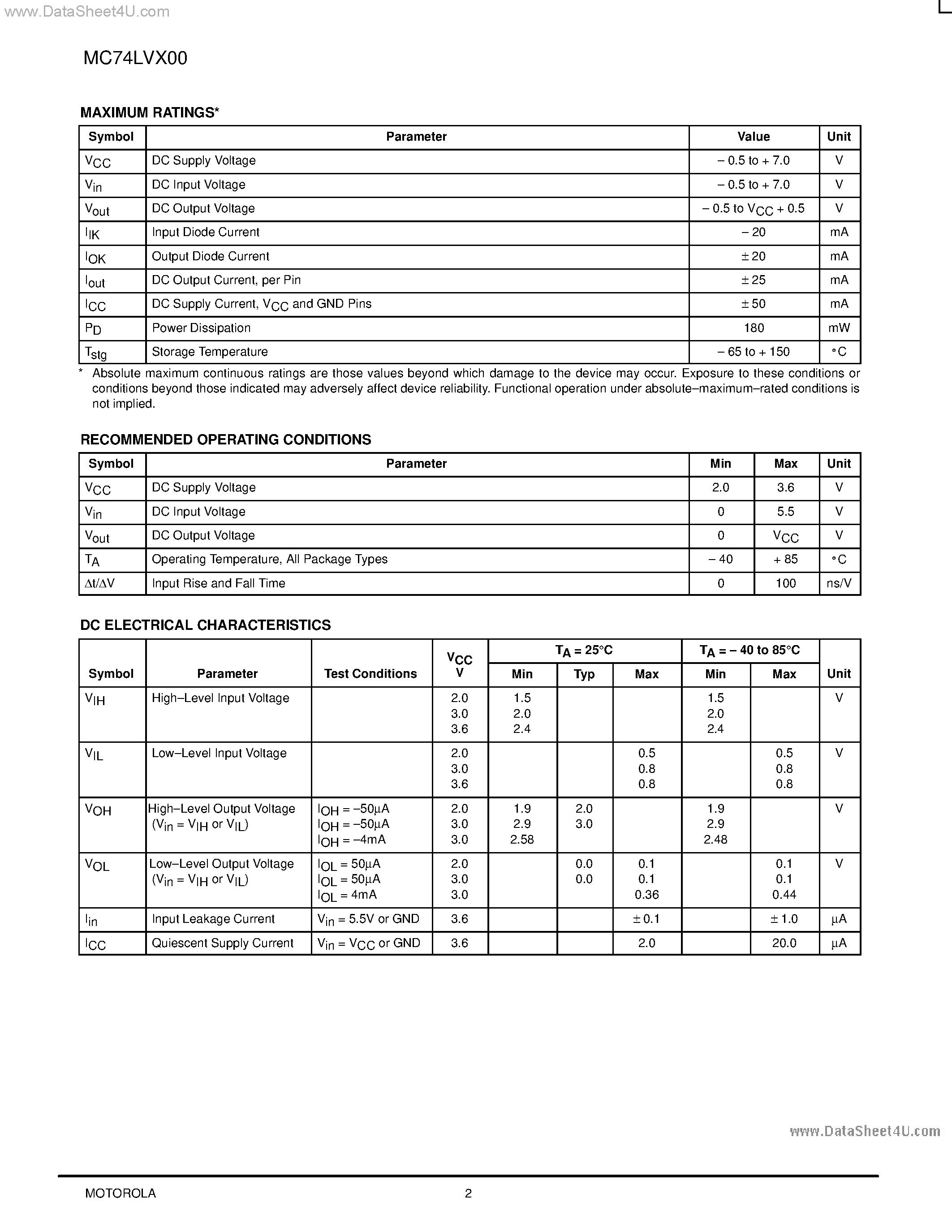 Даташит MC74LVX00 - LOW-VOLTAGE CMOS страница 2