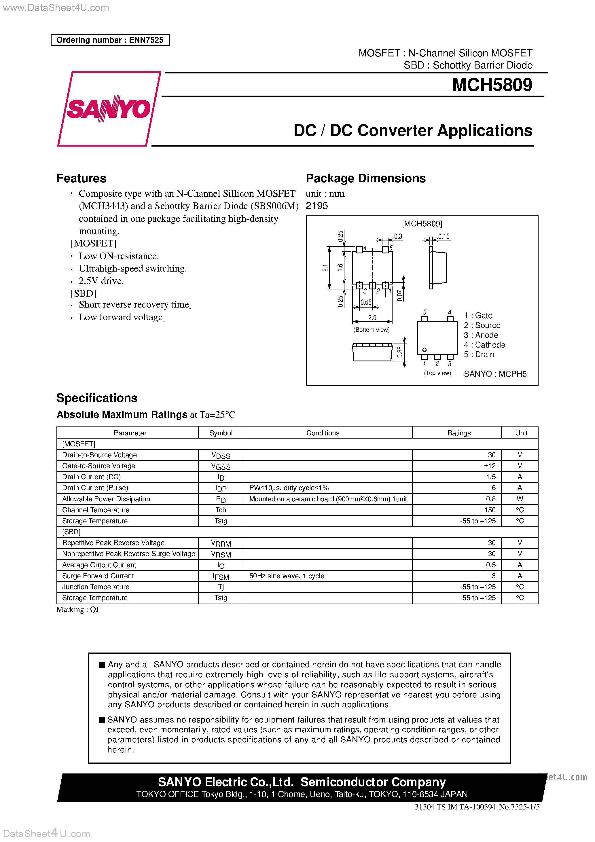 Datasheet MCH5809 - N-Channel Silicon MOSFET DC / DC Converter Applications page 1