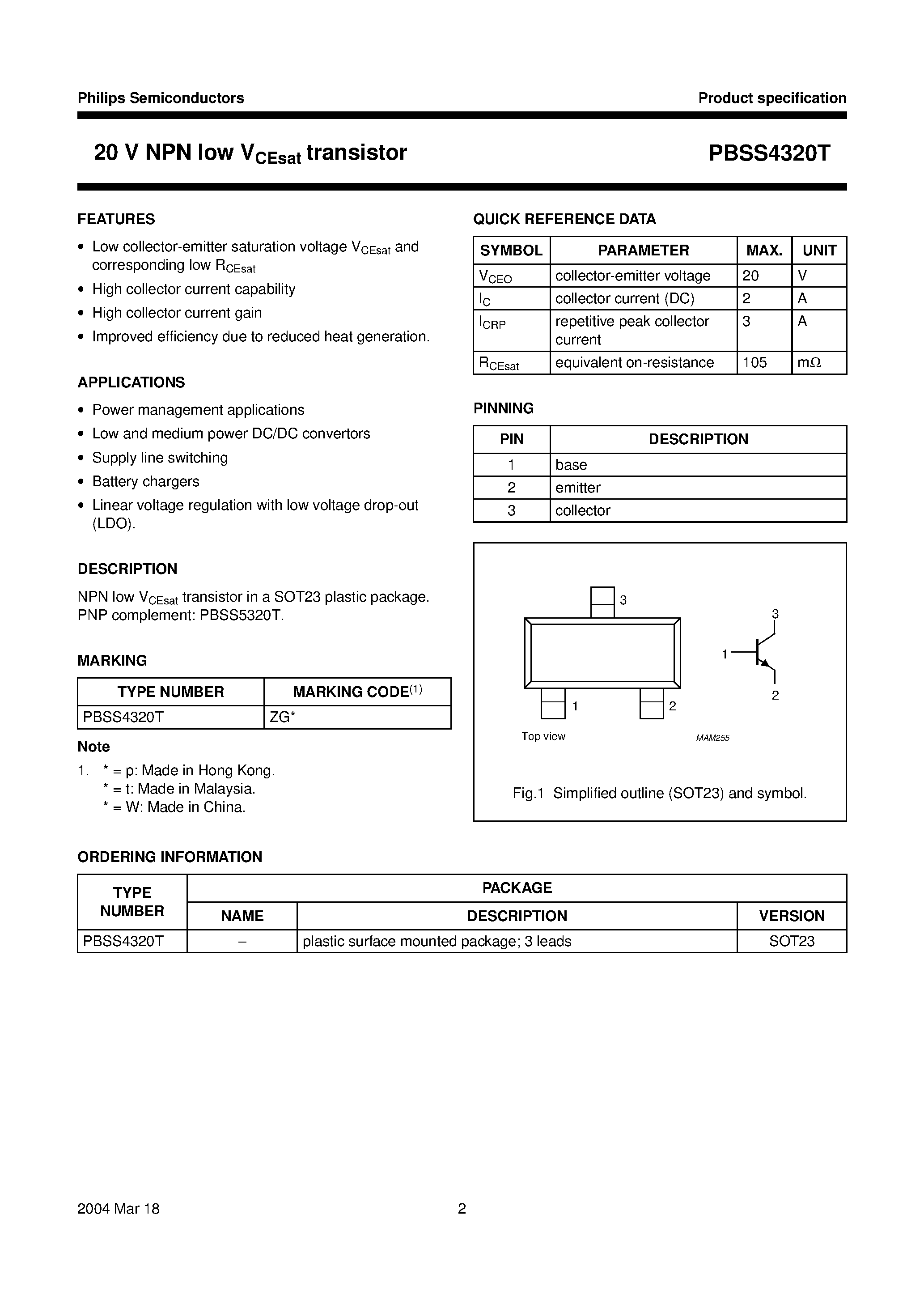 Даташит на микросхему PBSS4320T страница 2 Даташит PBSS4320T - 20 V NPN low VCEsat transistor страница 2