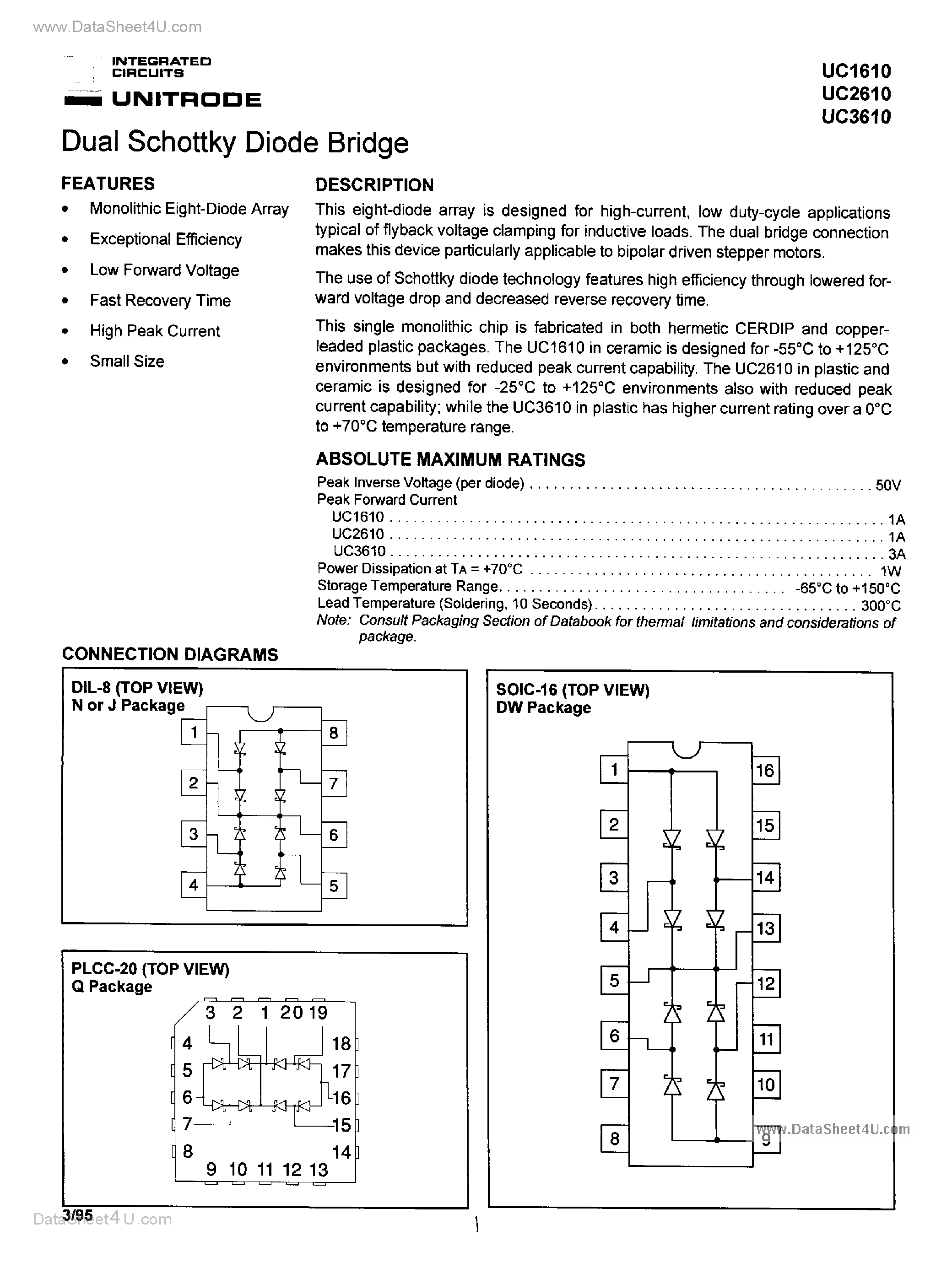 Даташит на микросхему UC1610 страница 1 Даташит UC1610 - Dual Schottky Diode Bridge страница 1
