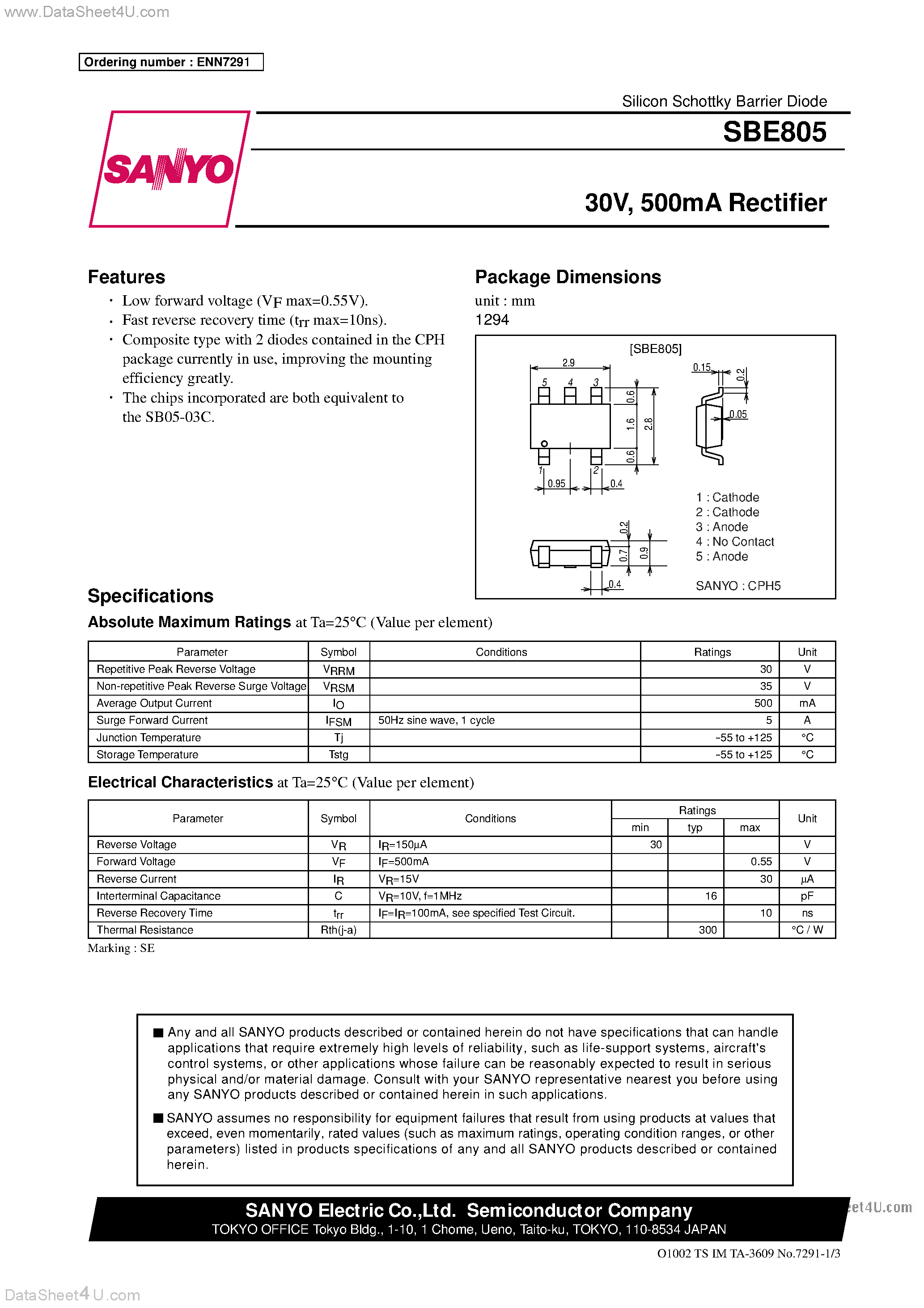 Datasheet SBE805 page 1 Datasheet SBE805 - 500mA Rectifier page 1