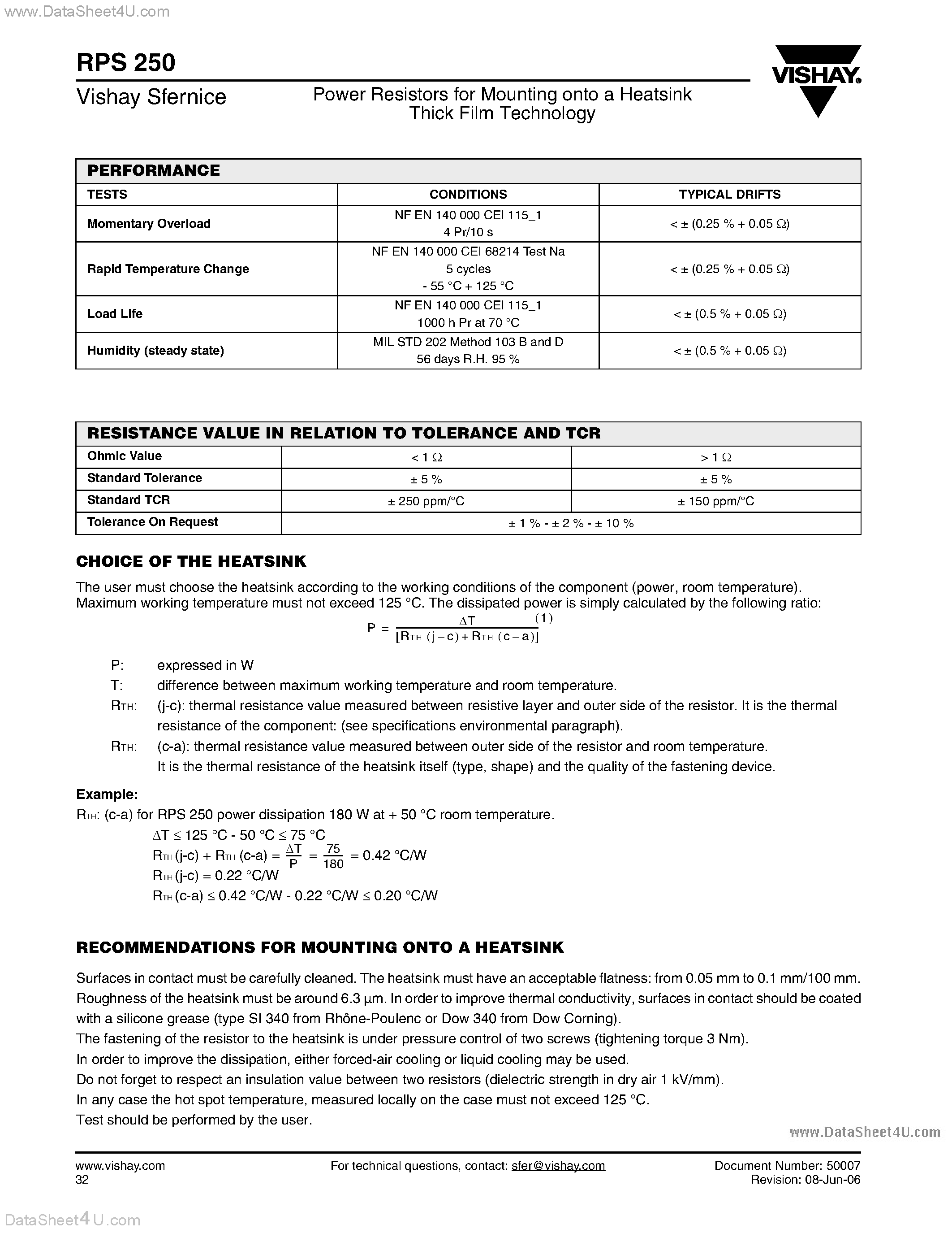 Datasheet RPS250 page 2 Datasheet RPS250 - Power Resistor for Mounting onto a Heatsink Thick Film Technology page 2