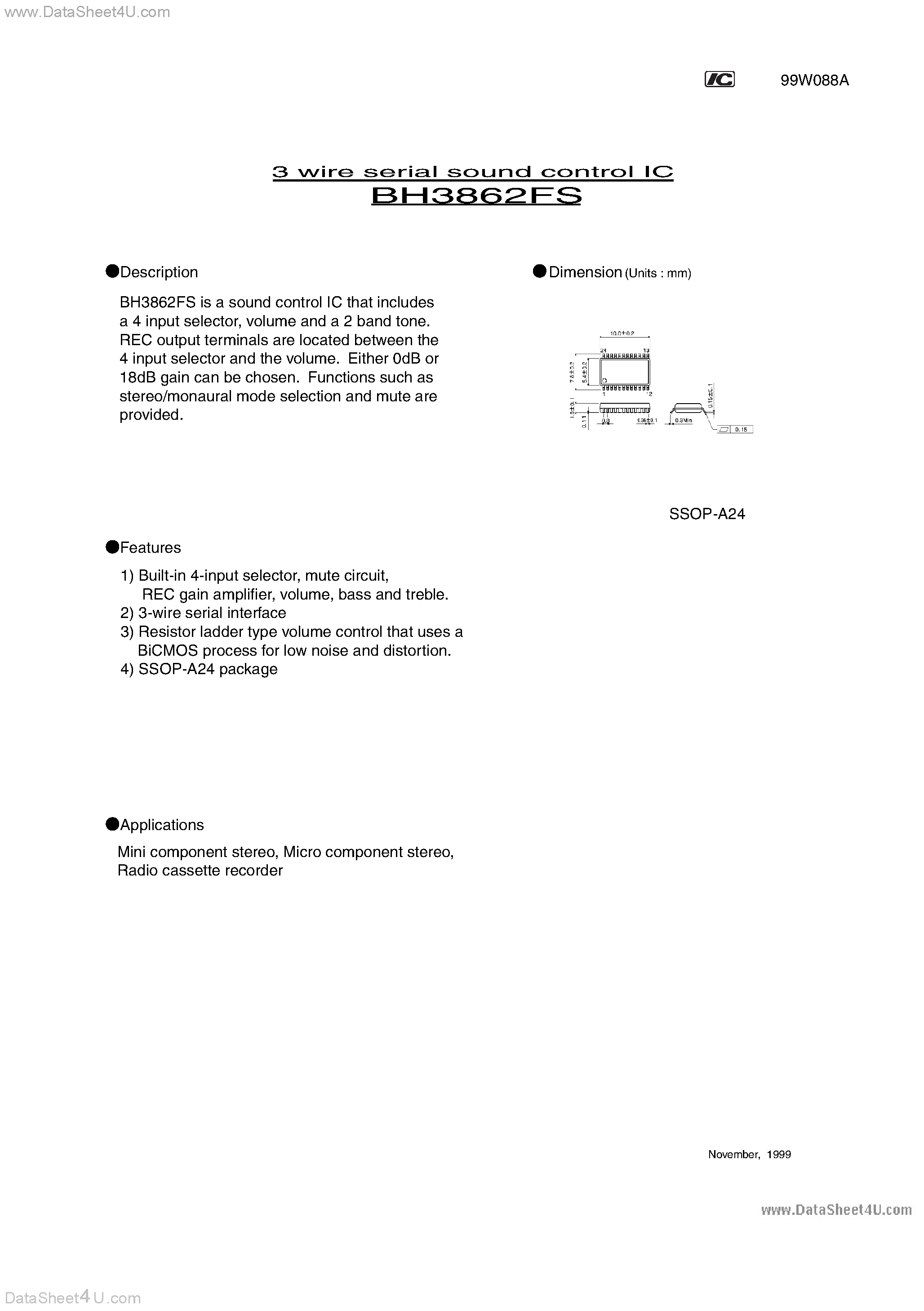 Datasheet BH3862FS - 3 wire serial sound control IC page 1