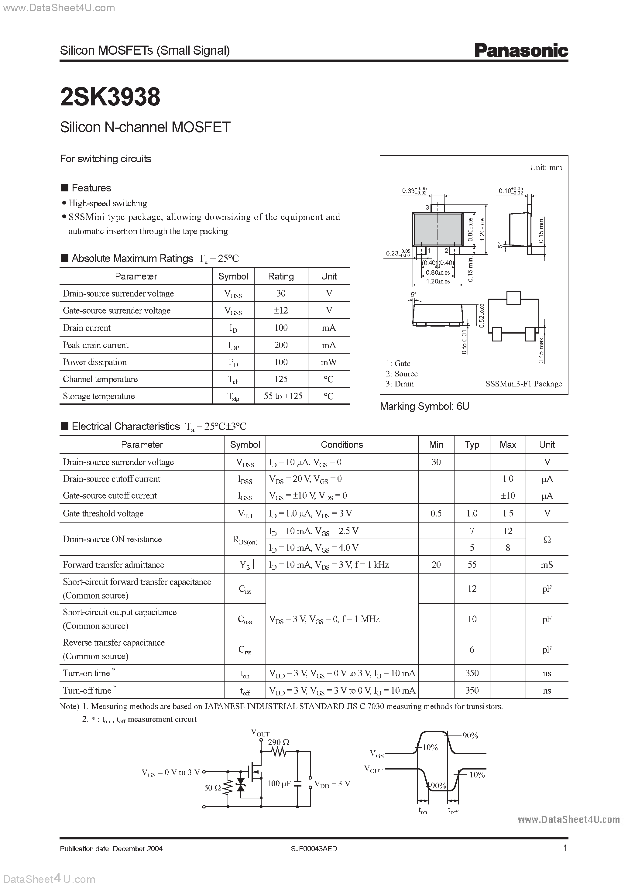Datasheet 2SK3938 - Silicon N-channel MOSFET For switching circuits page 1