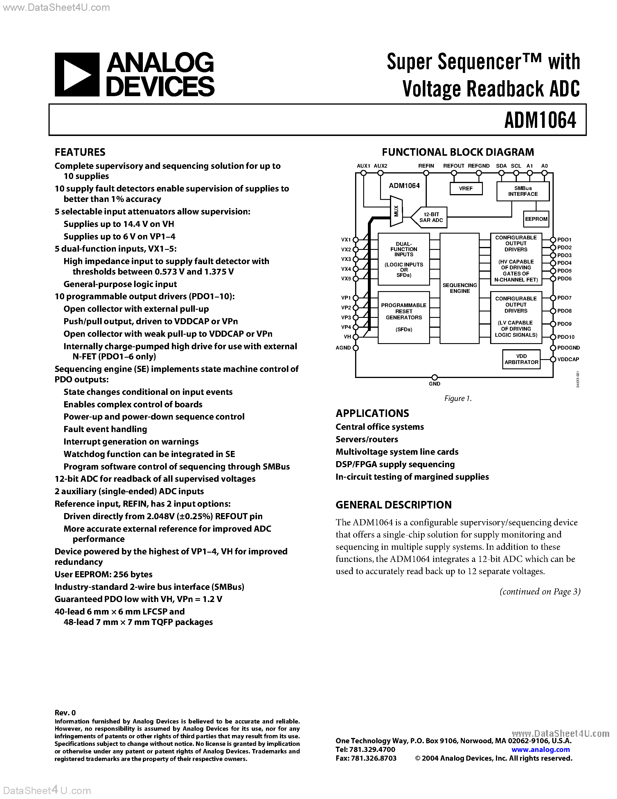 Datasheet ADM1064 - Super Sequencer with Voltage Readback ADC page 1