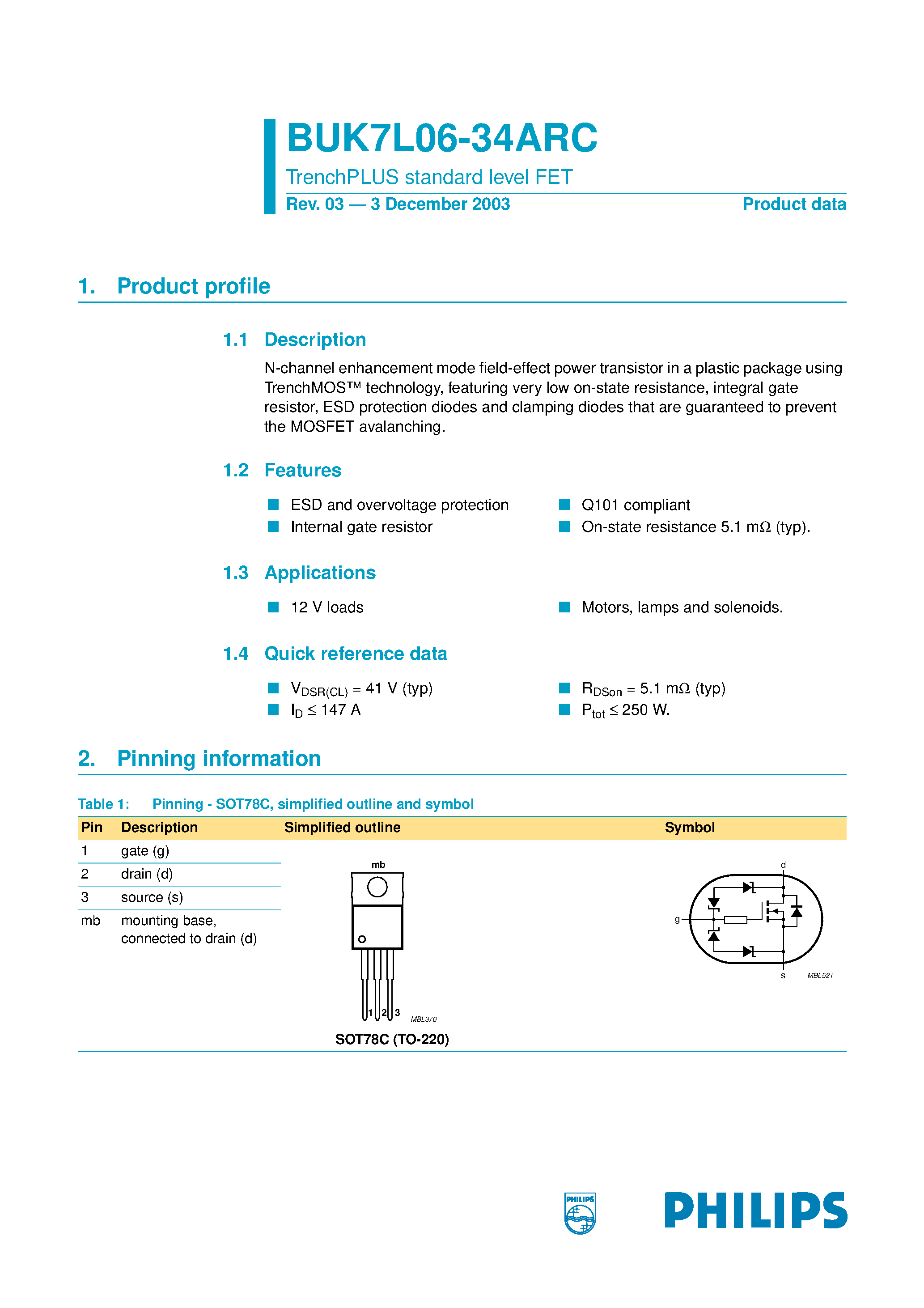 Даташит BUK7L06-34ARC - TrenchPLUS standard level FET страница 1