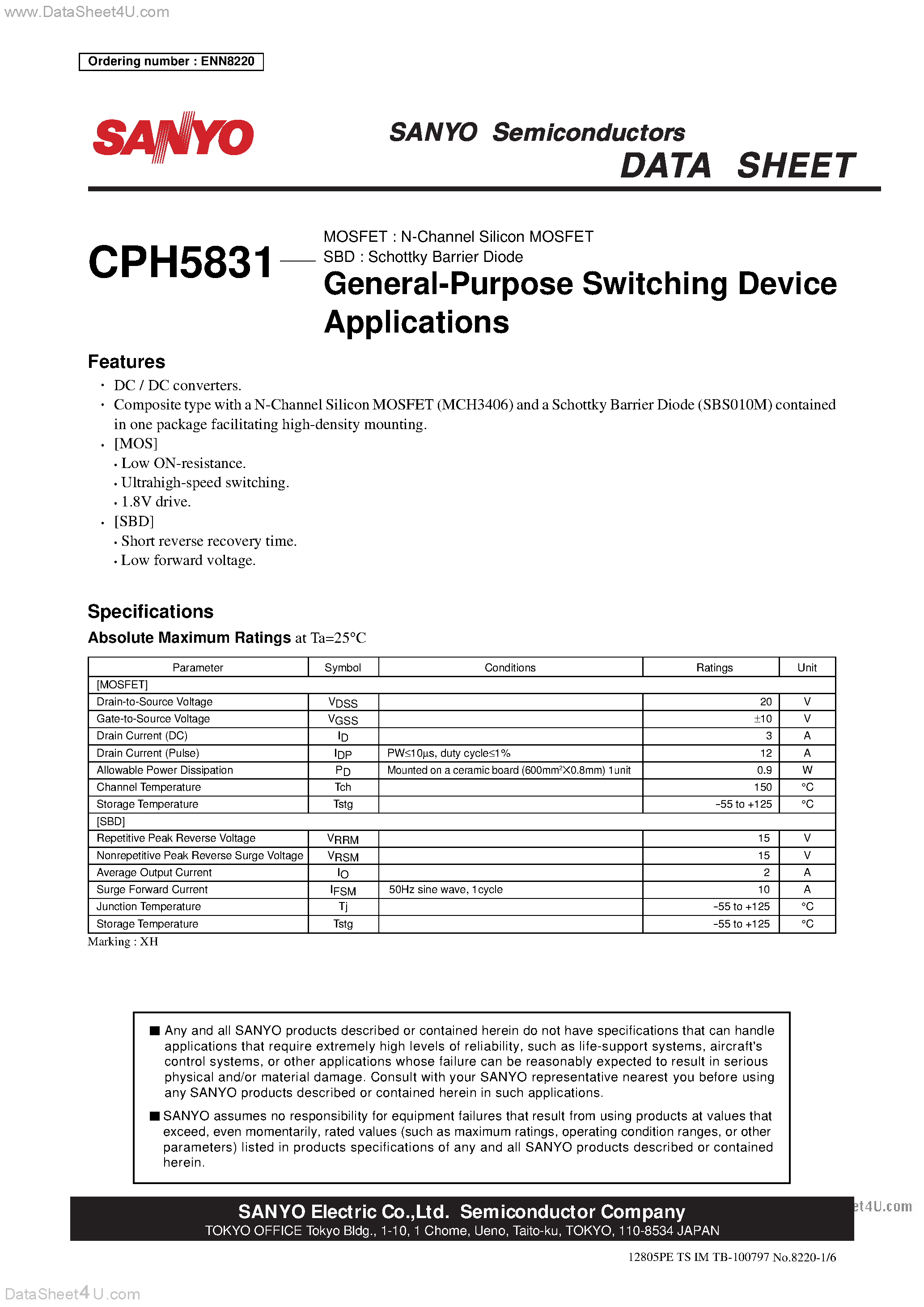 Datasheet CPH5831 - N-Channel Silicon MOSFET General-Purpose Switching Device Applications page 1