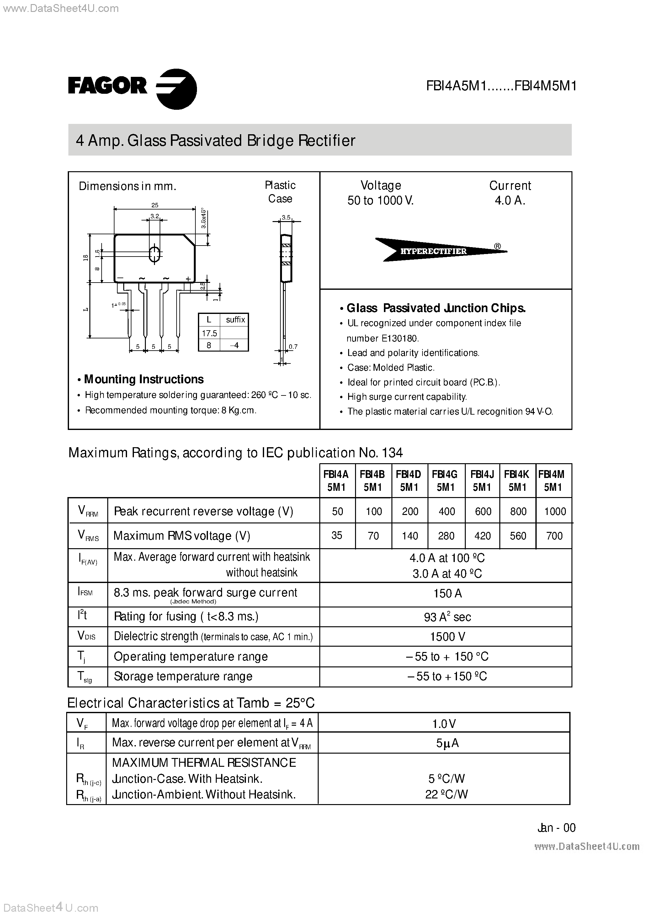 Datasheet FBI4x5M1 page 1 Datasheet FBI4x5M1 - Glass Passivated Bridge Rectifier page 1