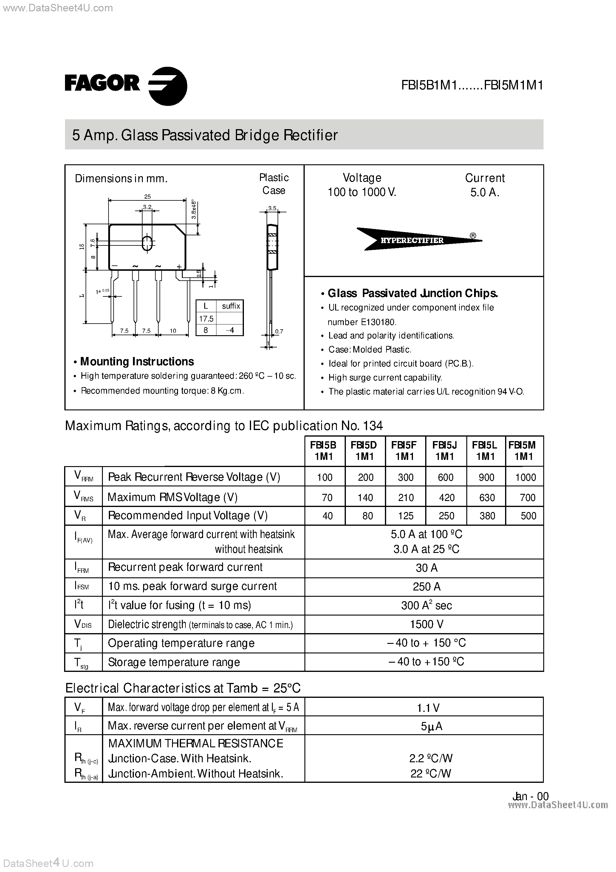 Datasheet FBI5x1M1 page 1 Datasheet FBI5x1M1 - Glass Passivated Bridge Rectifier page 1