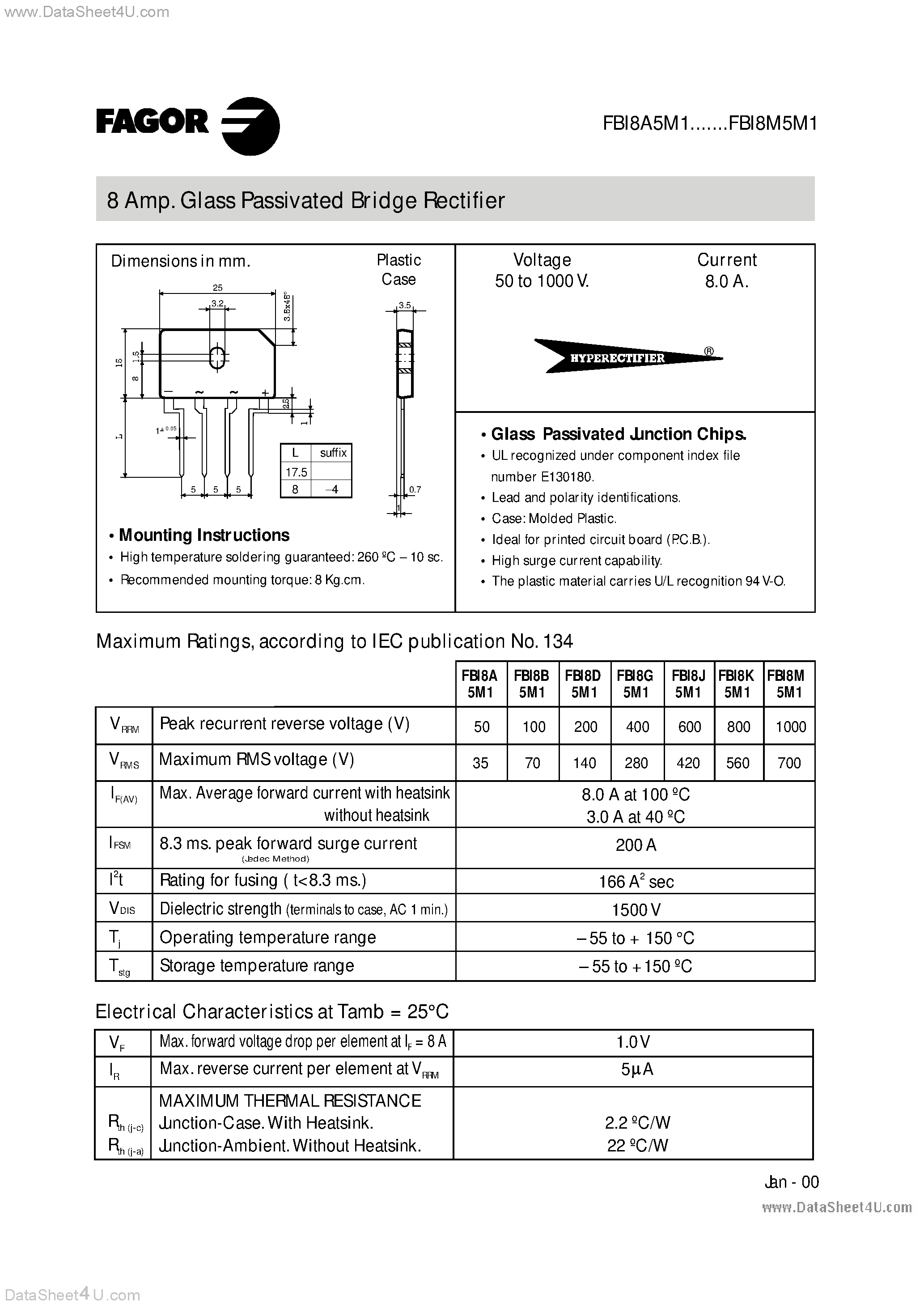 Datasheet FBI8x5M1 page 1 Datasheet FBI8x5M1 - Glass Passivated Bridge Rectifier page 1