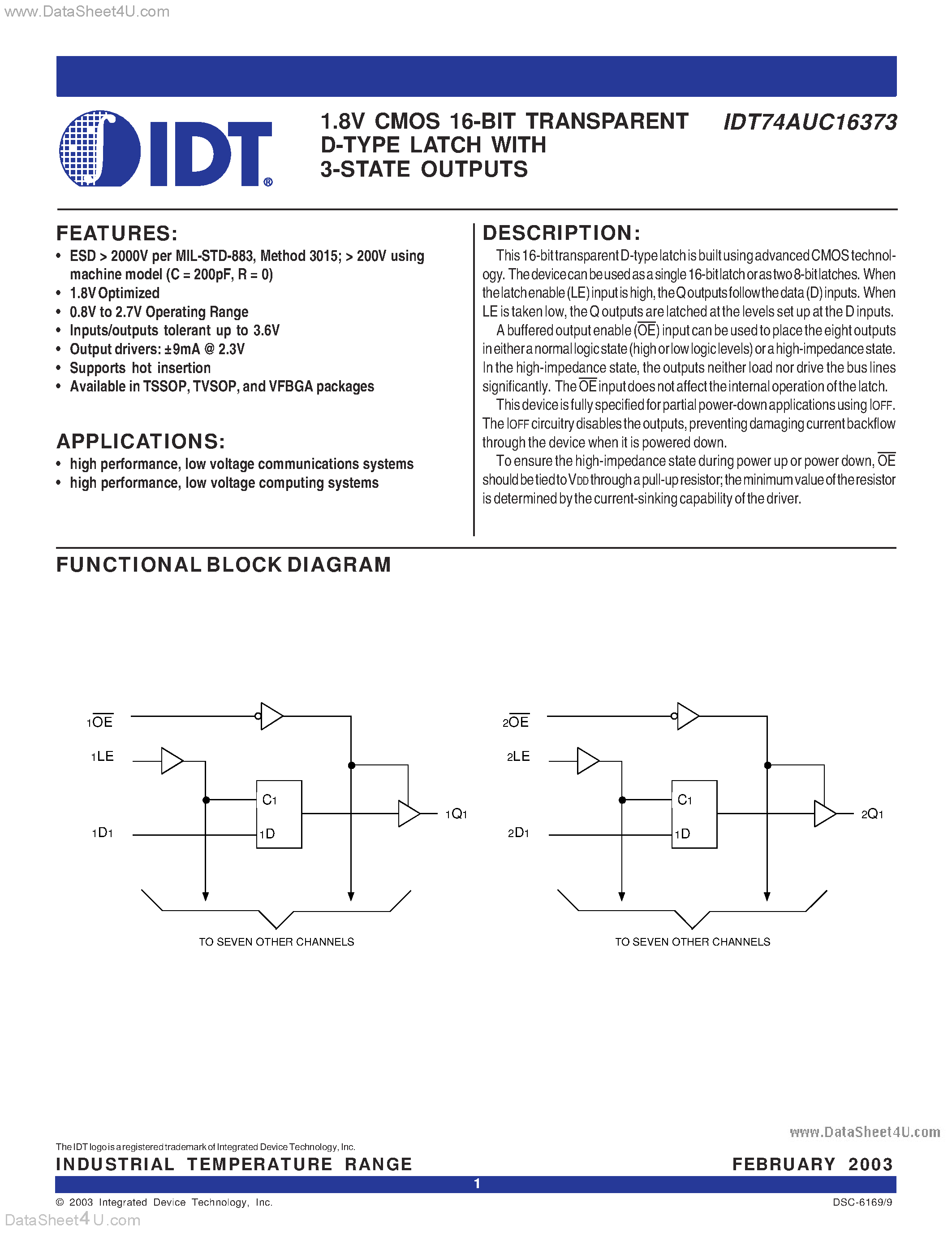 Datasheet IDT74AUC16373 - 1.8V CMOS 16-BIT TRANSPARENT D-TYPE LATCH WITH 3-STATE OUTPUTS page 1