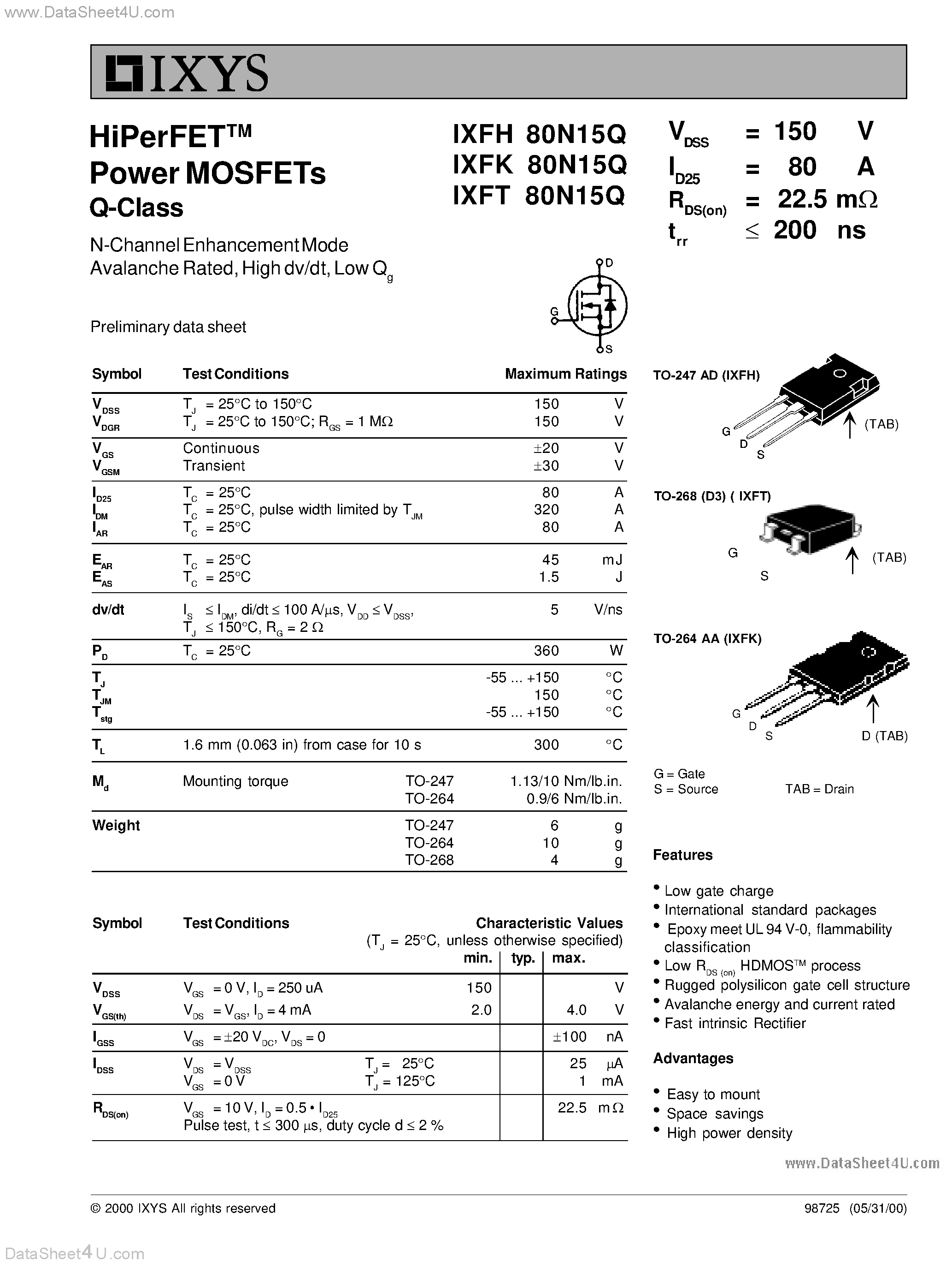 Даташит IXFH80N15Q - (IXFx80N15Q) HiPerFET Power MOSFETs Q-Class страница 1