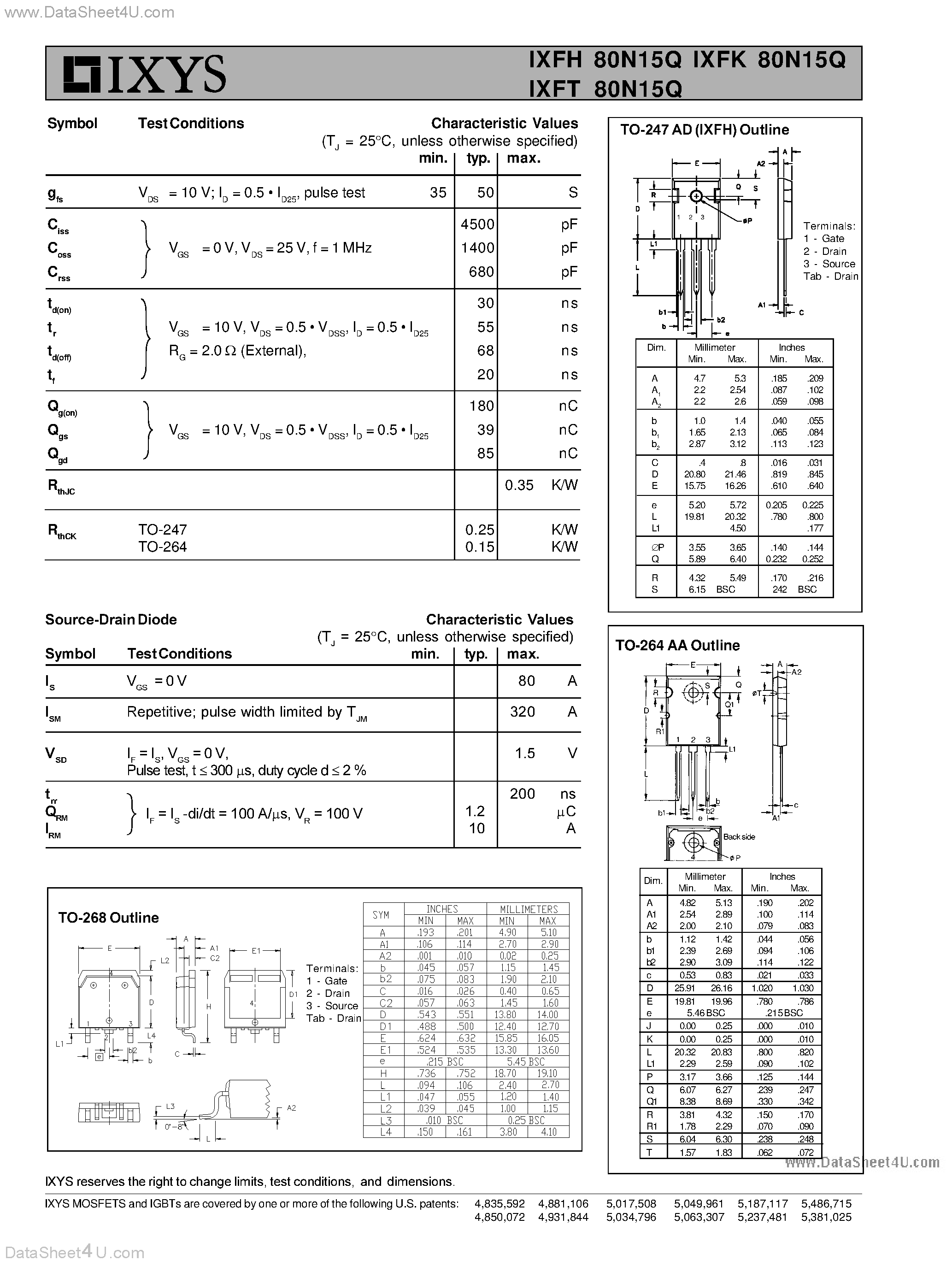 Даташит на микросхему IXFH80N15Q страница 2 Даташит IXFH80N15Q - (IXFx80N15Q) HiPerFET Power MOSFETs Q-Class страница 2