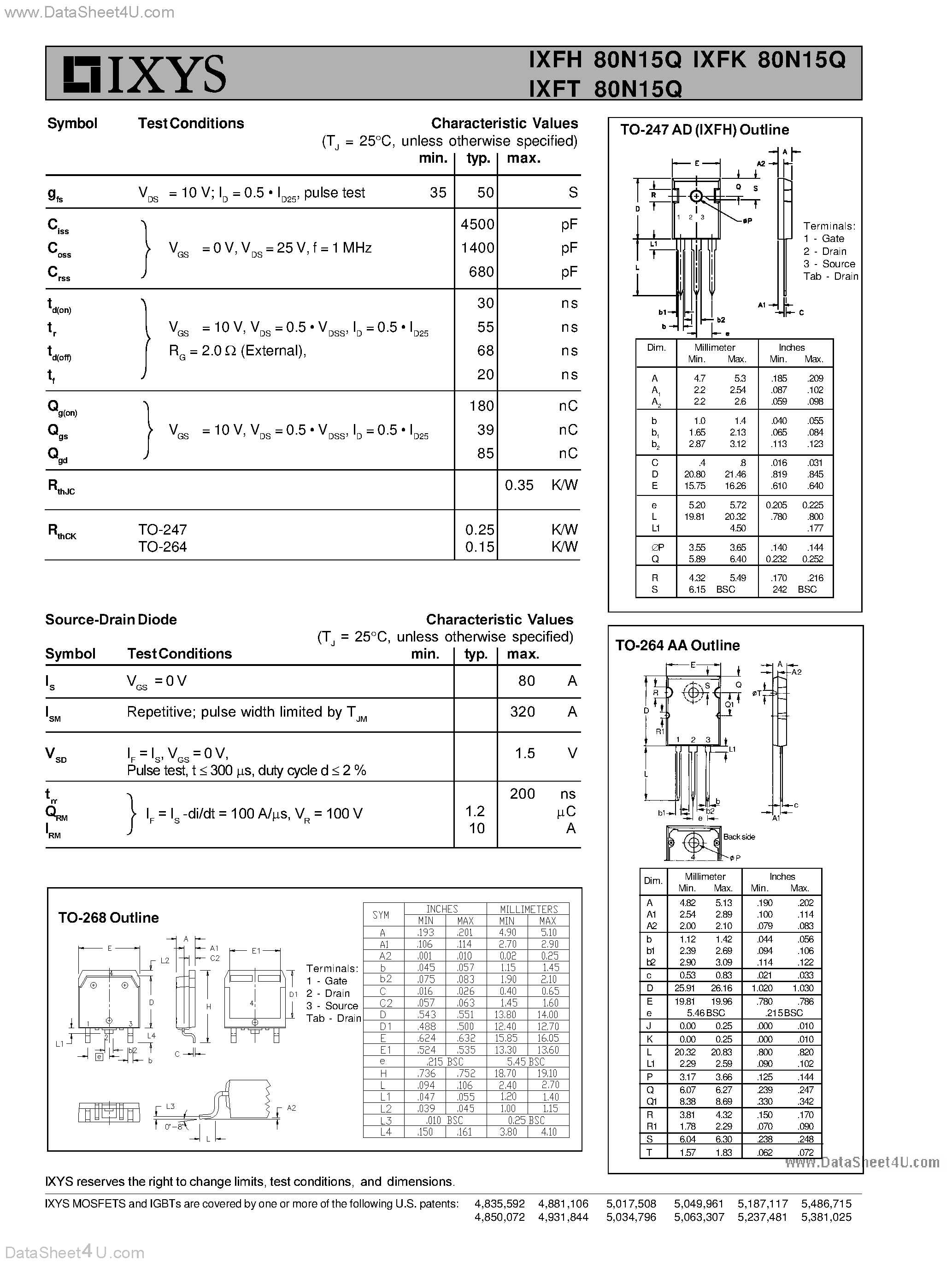 Даташит IXFH80N15Q - (IXFx80N15Q) HiPerFET Power MOSFETs Q-Class страница 2