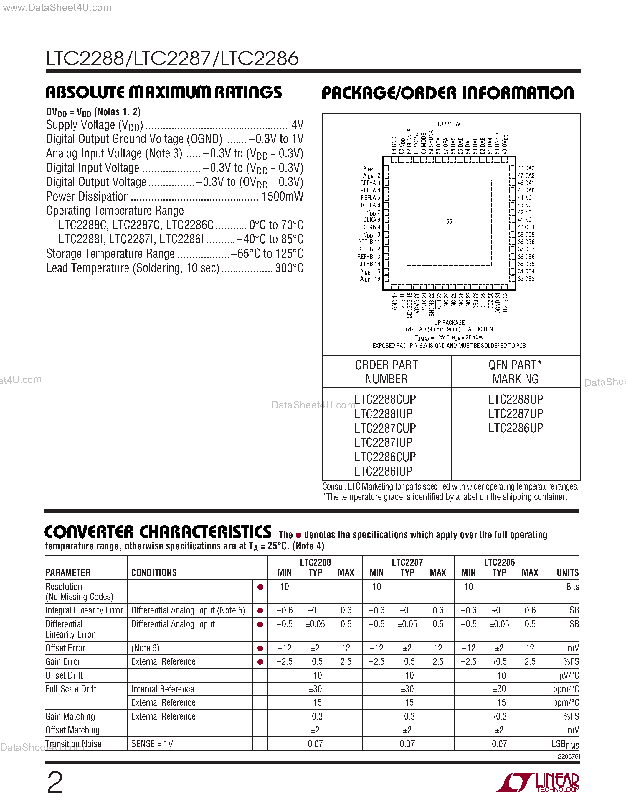 Datasheet LTC2286 page 2 Datasheet LTC2286 - (LTC2286 - LTC2288) 65/40/25Msps Low Noise 3V ADCs page 2