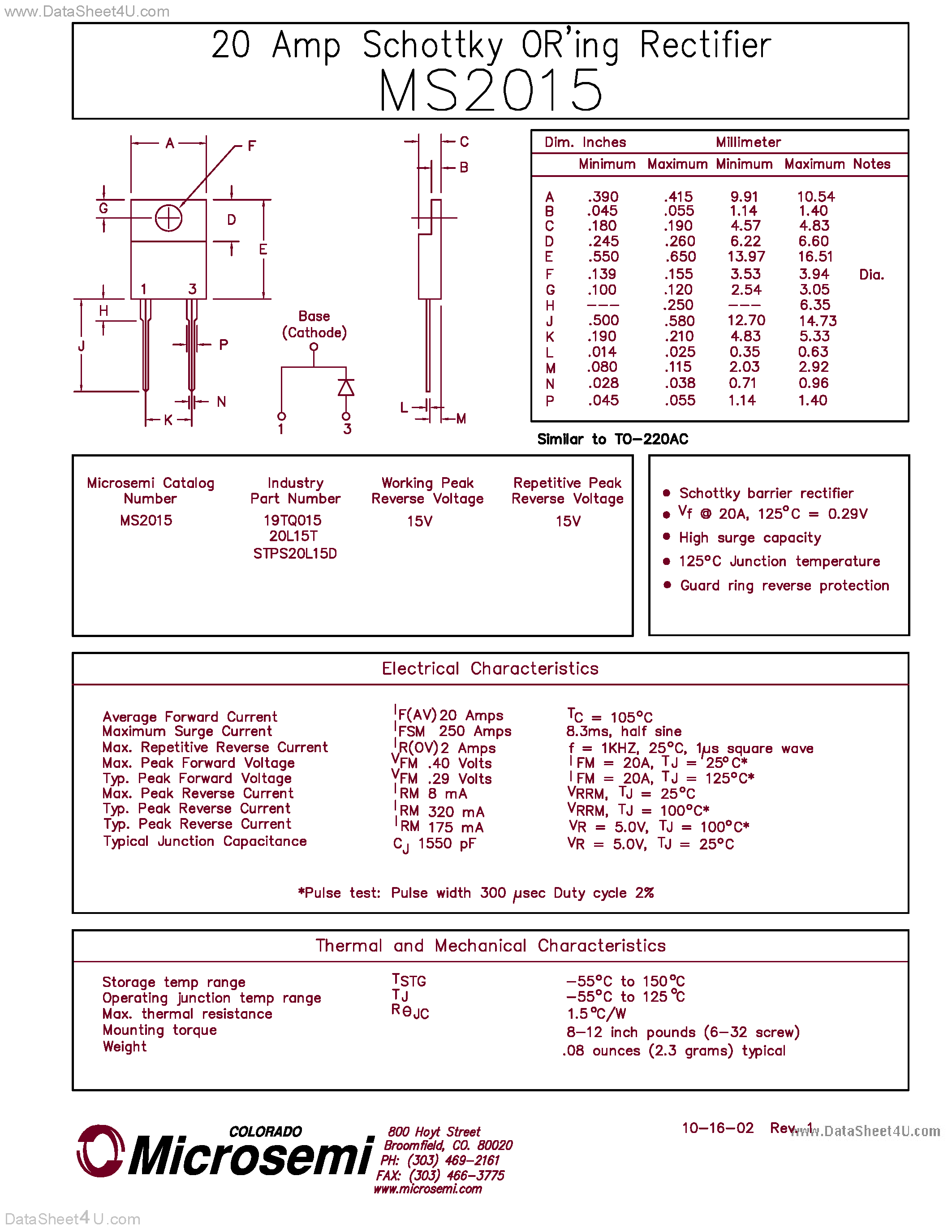 Даташит MS2015 - 20 Amp Schottky ORing Rectifier страница 1