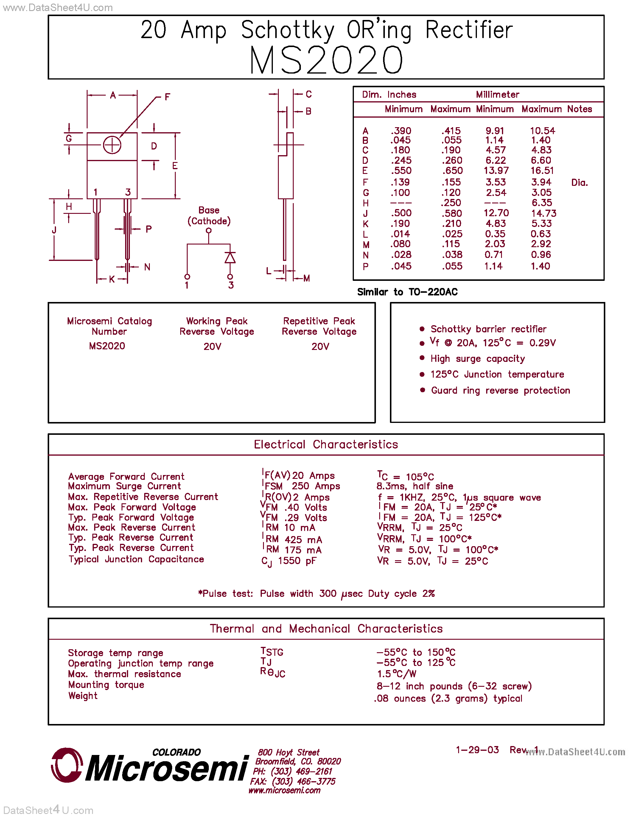 Даташит MS2020 - 20 AMP SCHOTTKY OR-ING RECTIFIER страница 1