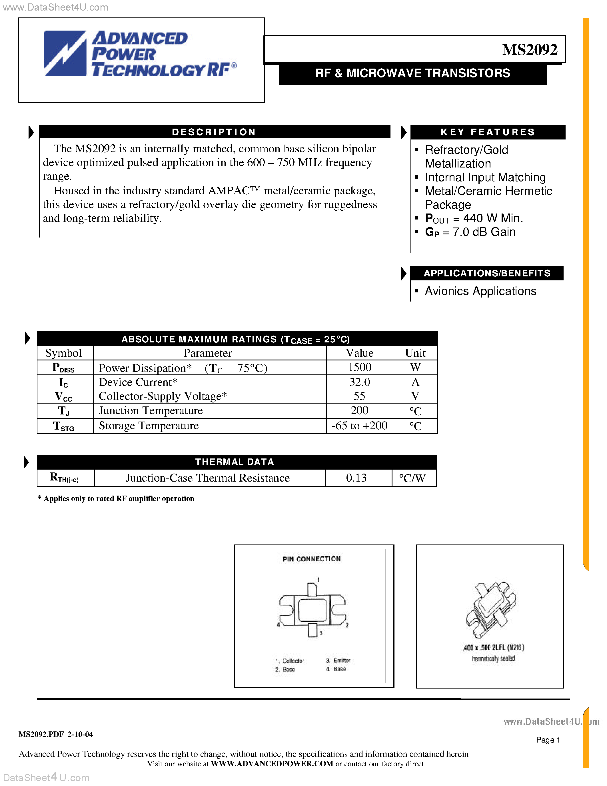 Datasheet MS2092 - RF & MICROWAVE TRANSISTORS page 1