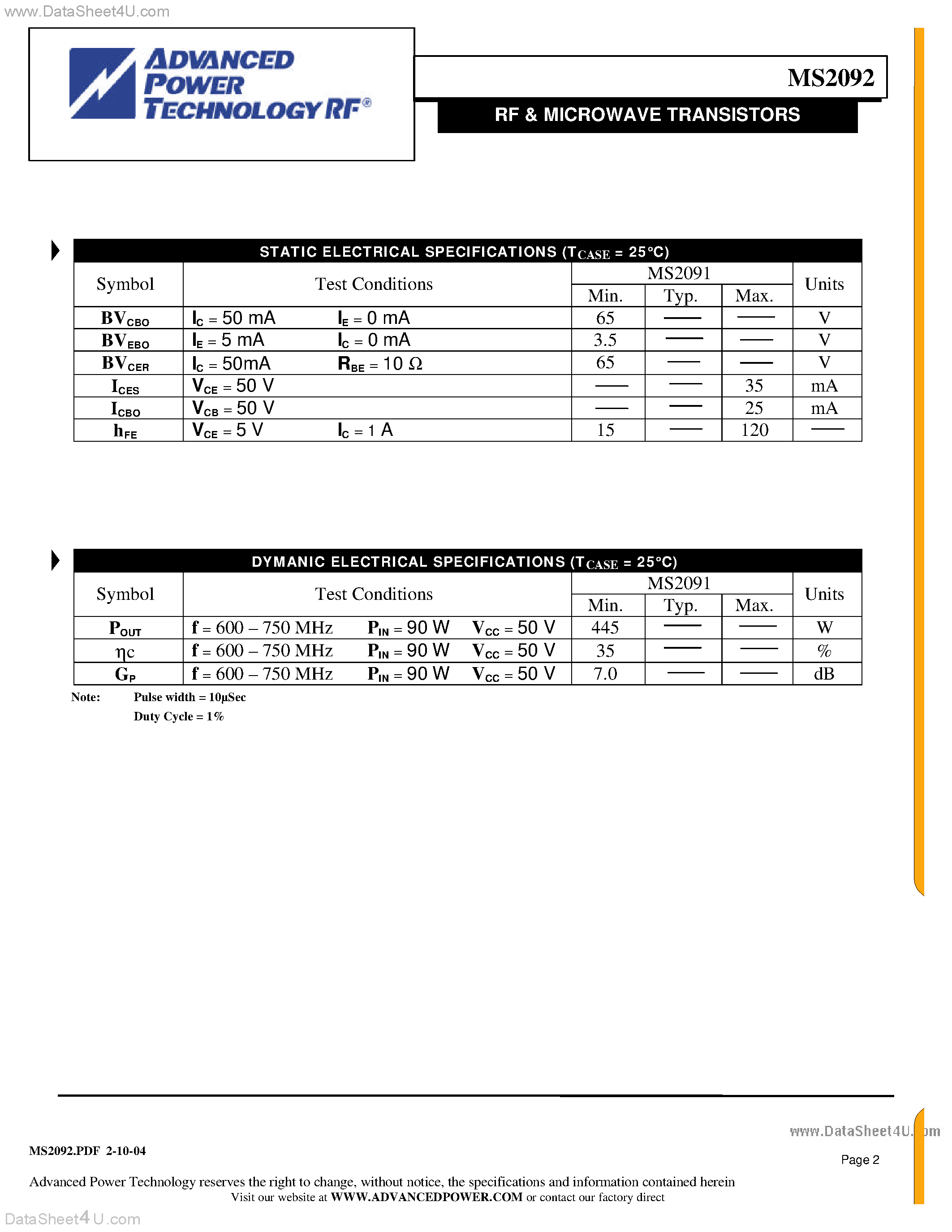 Datasheet MS2092 - RF & MICROWAVE TRANSISTORS page 2