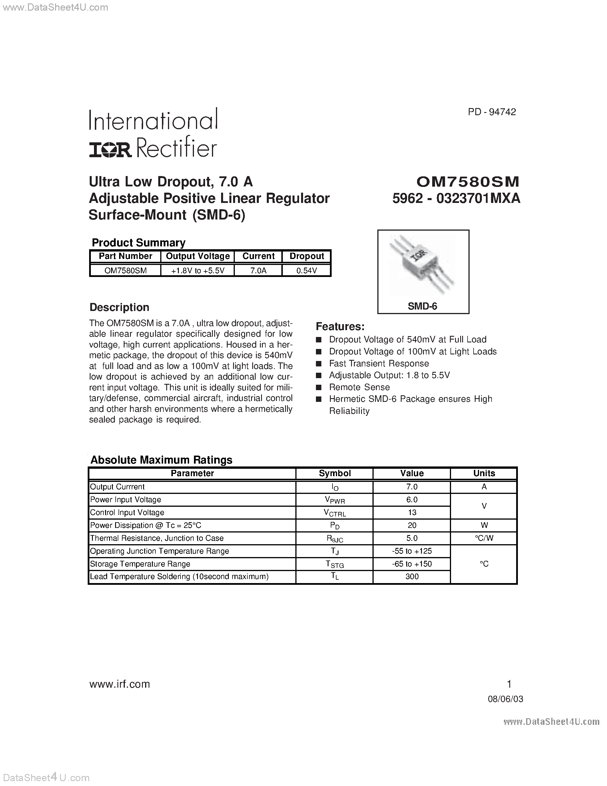 Datasheet OM7580SM - 7.0 A Adjustable Positive Linear Regulator Surface-Mount page 1